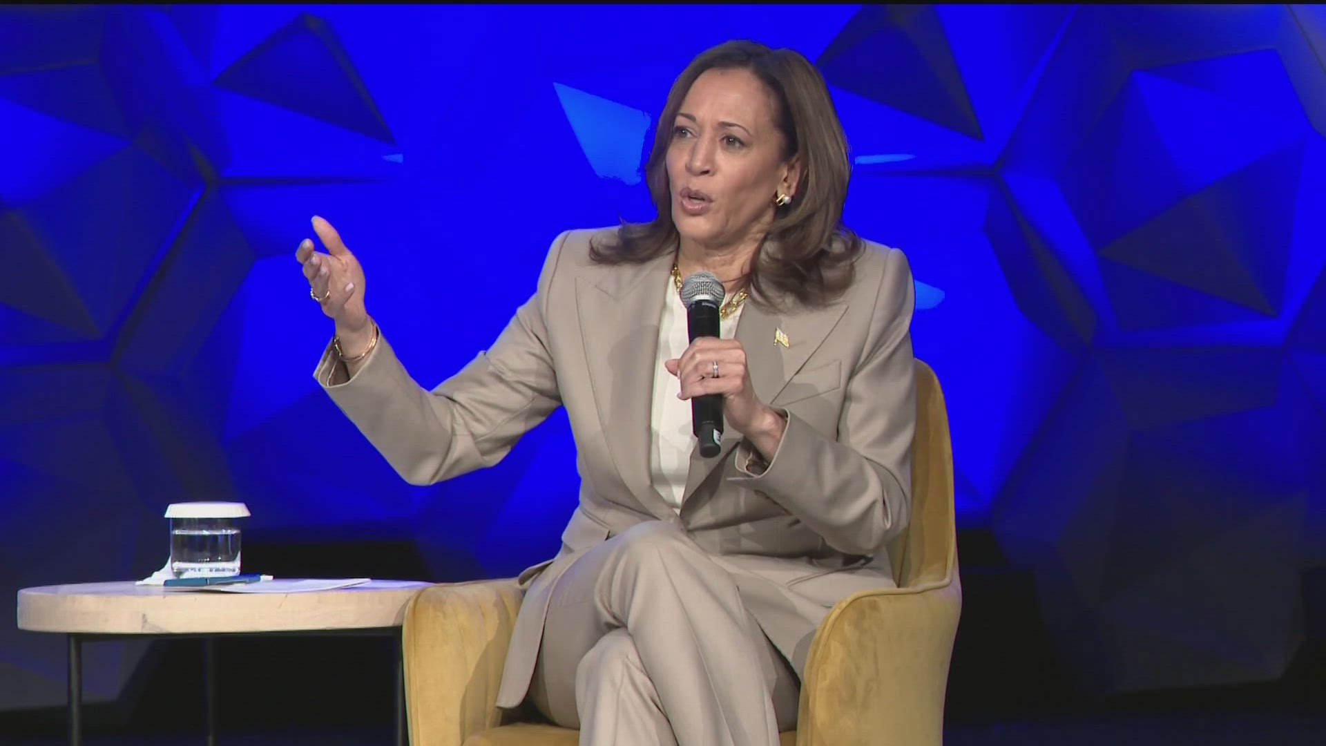 Vice President Kamala Harris spoke with Steve Harvey at the 100 Black Men in America conference Friday. This visit was part of her Economic Opportunity Tour.