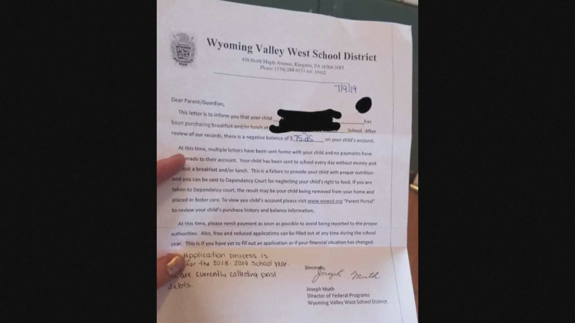 A Pennsylvania school district has backed away from threats to take parents to court, and possibly take their children away over school lunch debt. The school leader who signed a letter which initially made the threat now says the message was "overzealously stated."