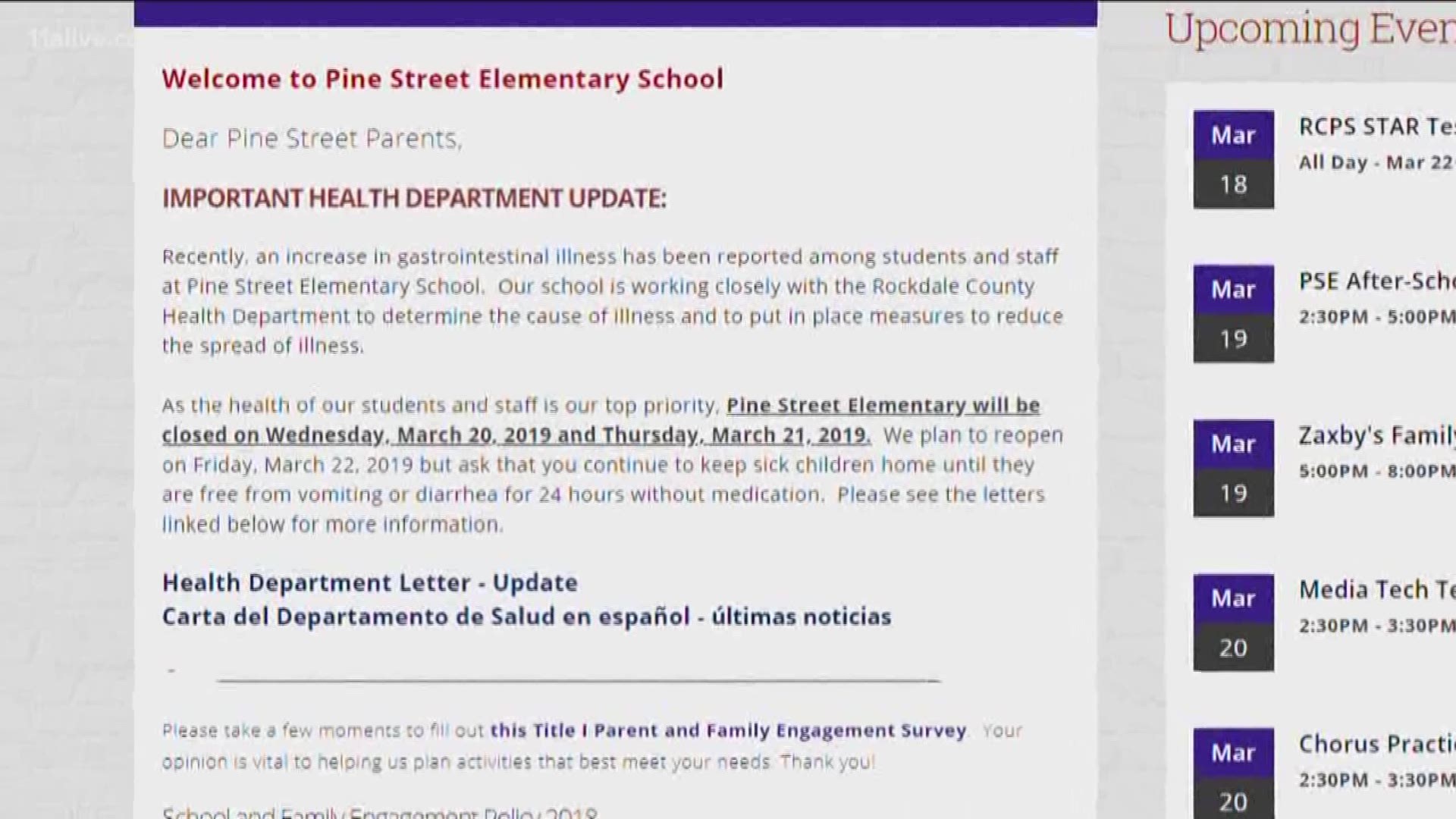 "As the health of our students and staff is our top priority, Pine Street Elementary will be closed on Wednesday, March 20, 2019, and Thursday, March 21, 2019," Principal Kim Vier wrote in a letter that afternoon.