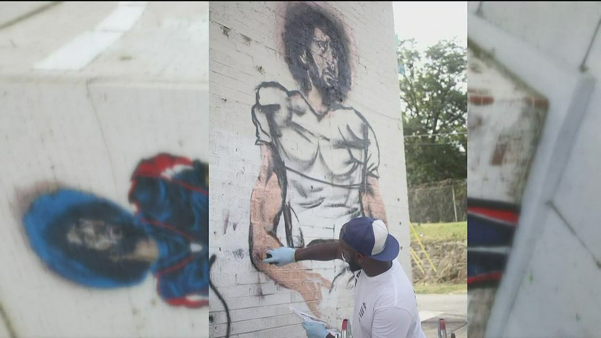 The mural strikes Kaepernick as a Falcon wearing No. 7, which was former Falcons quarterback Michael Vick's old number.