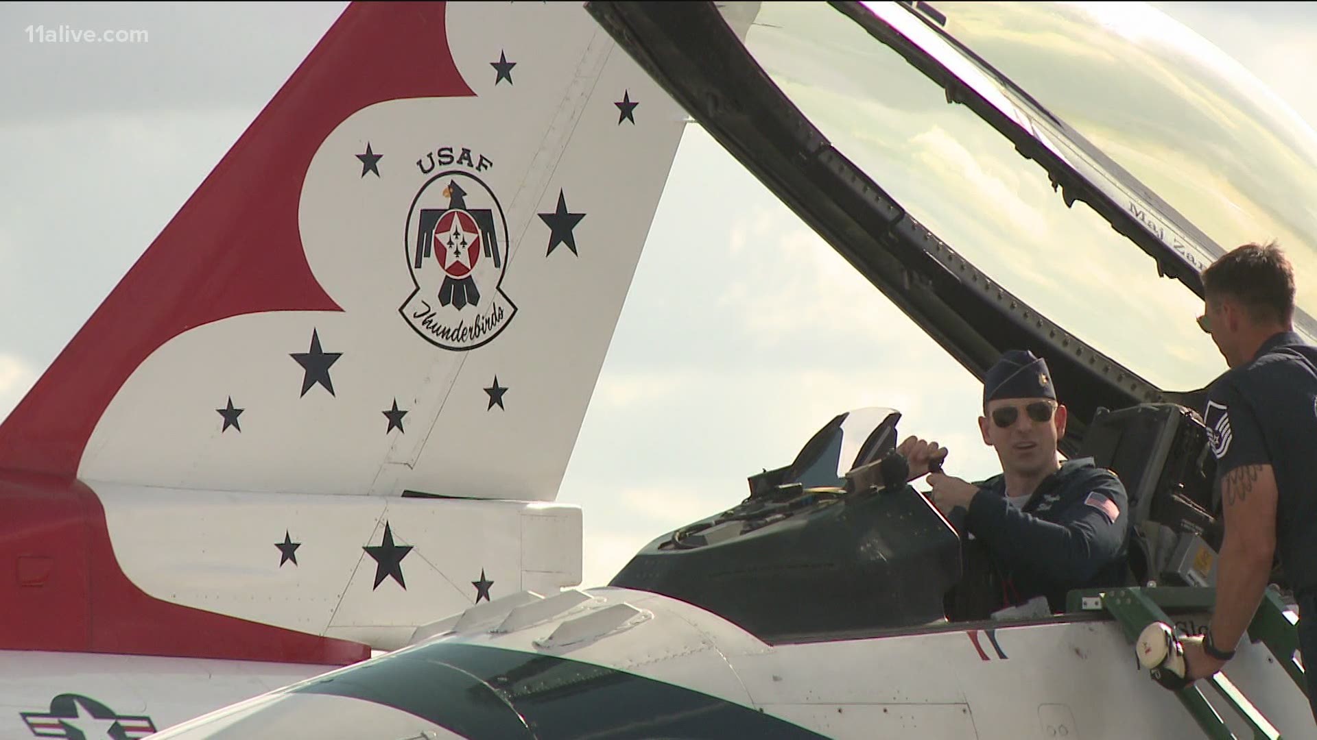 The red, white, and blue F-16 Falcons arrived at Dobbins Air Reserve Base Thursday afternoon.