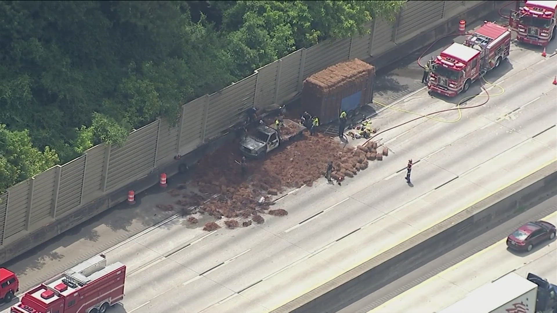 11Alive SkyTracker flew over a hay truck fire on I-285 northbound, south of Chamblee Tucker Road.