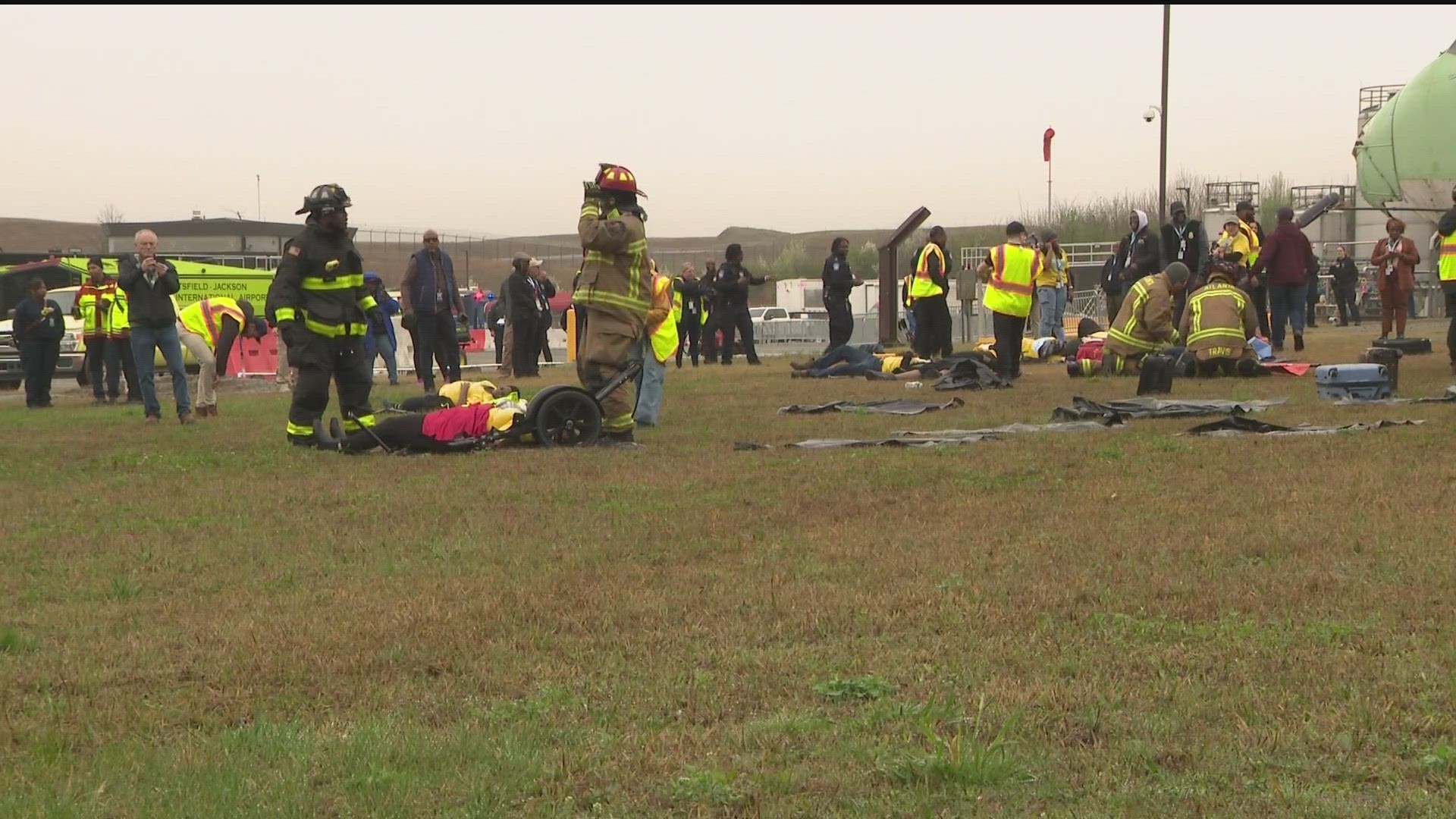 The drill simulated an airplane crash and fire.