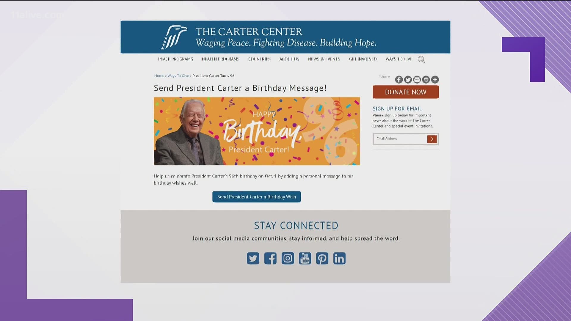 The Carter Center has created a virtual birthday wall for the former president.