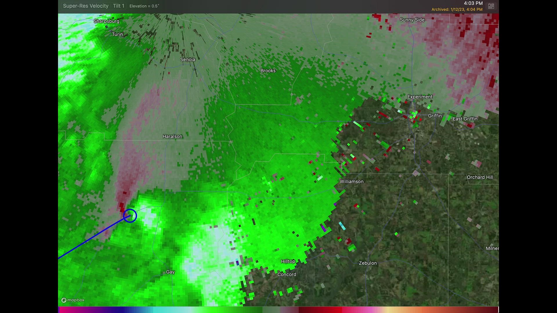 Velocity radar data of the January 12th tornadoes in Meriwether, Pike, and Spalding counties. Courtesy of National Weather Service Peachtree City