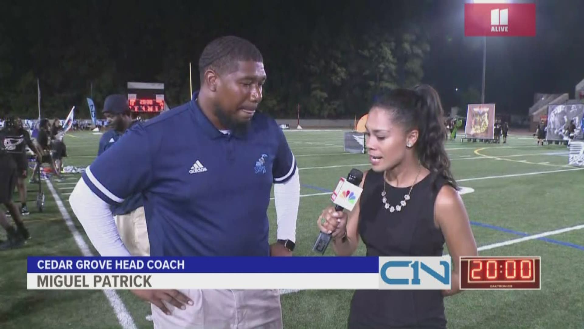 'This is big time': Cedar Grove head coach Miguel Patrick at halftime in the Cam Newton C1N Football Showcase against Central (Phenix City, Ala.)