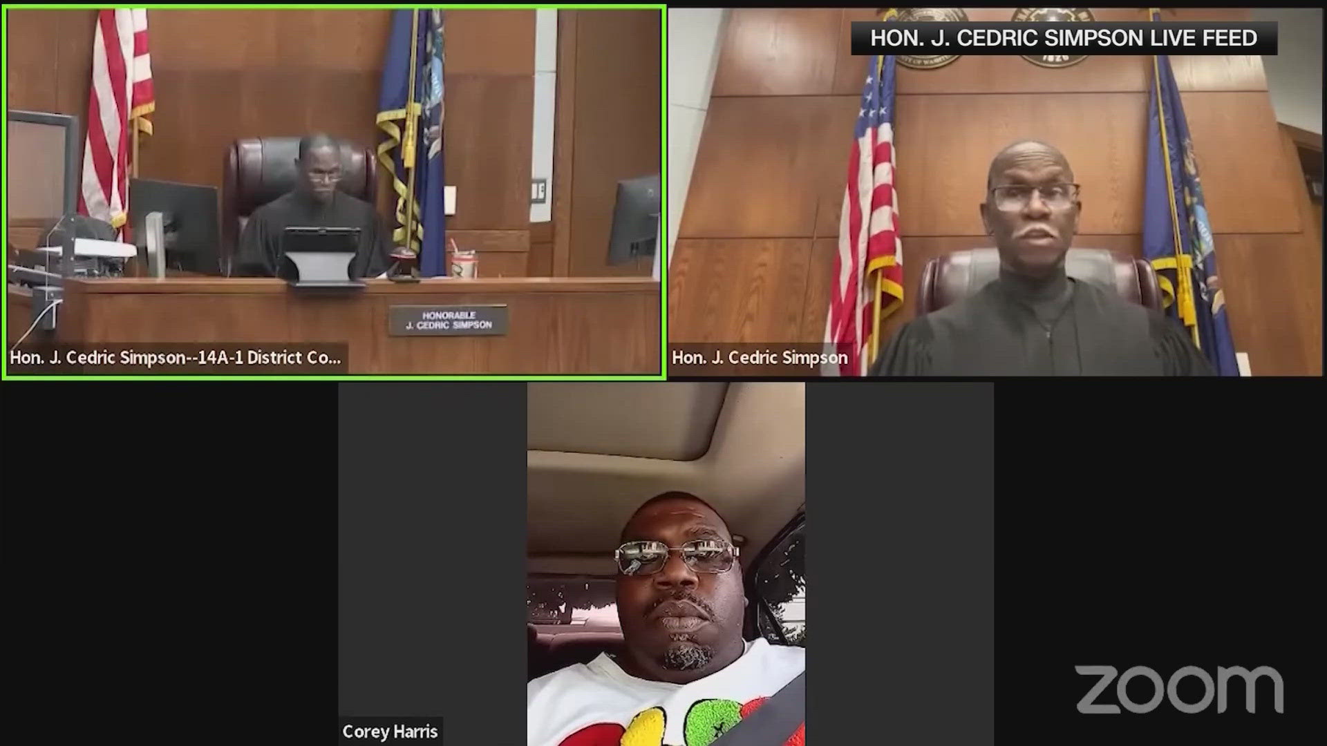 The judge immediately interjected when Corey Harris joined his May 15 court hearing via Zoom with a visible seatbelt, clearly driving a car.