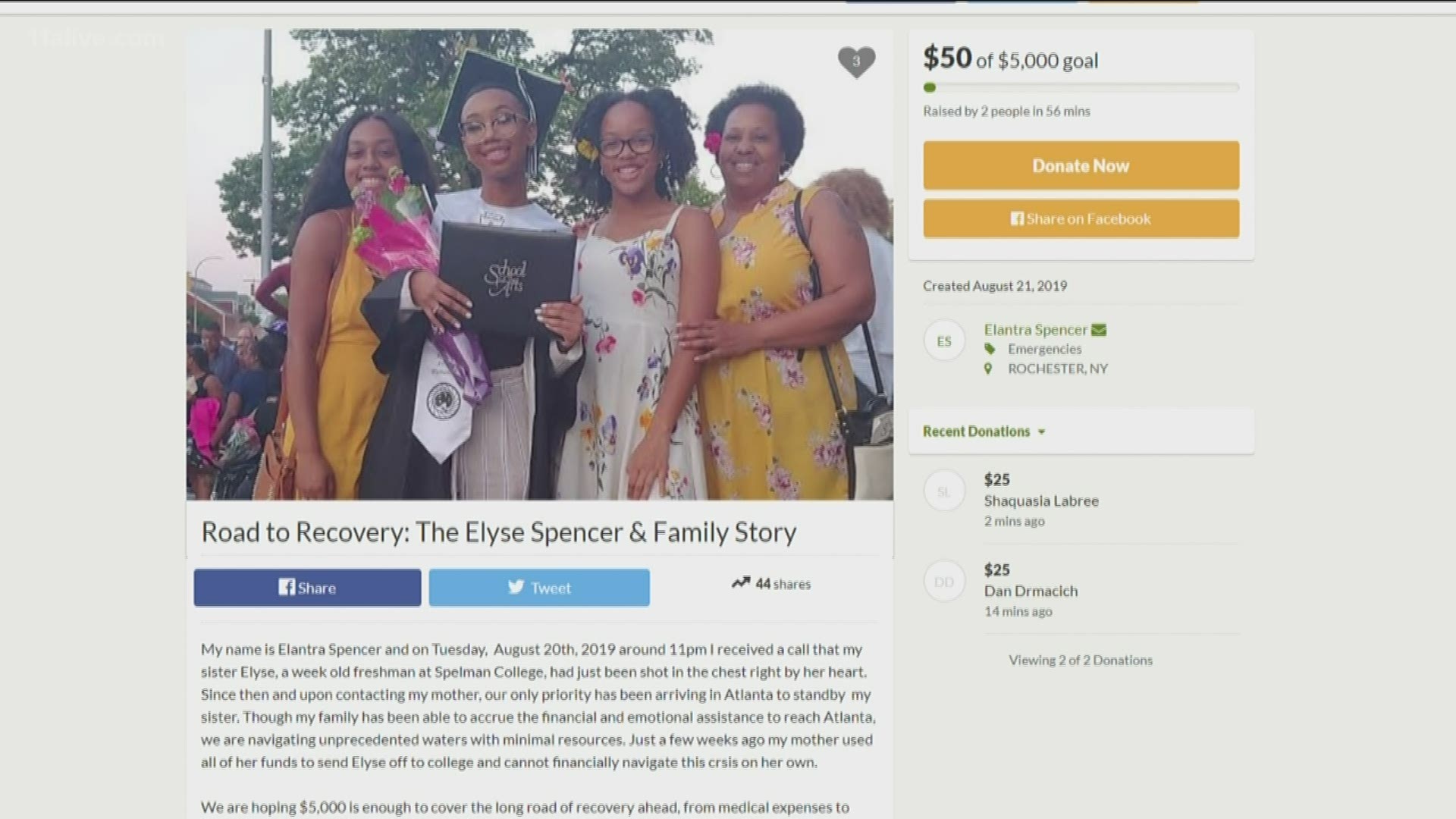 The organizer of the page, Elantra Spencer, is Elyse's sister.