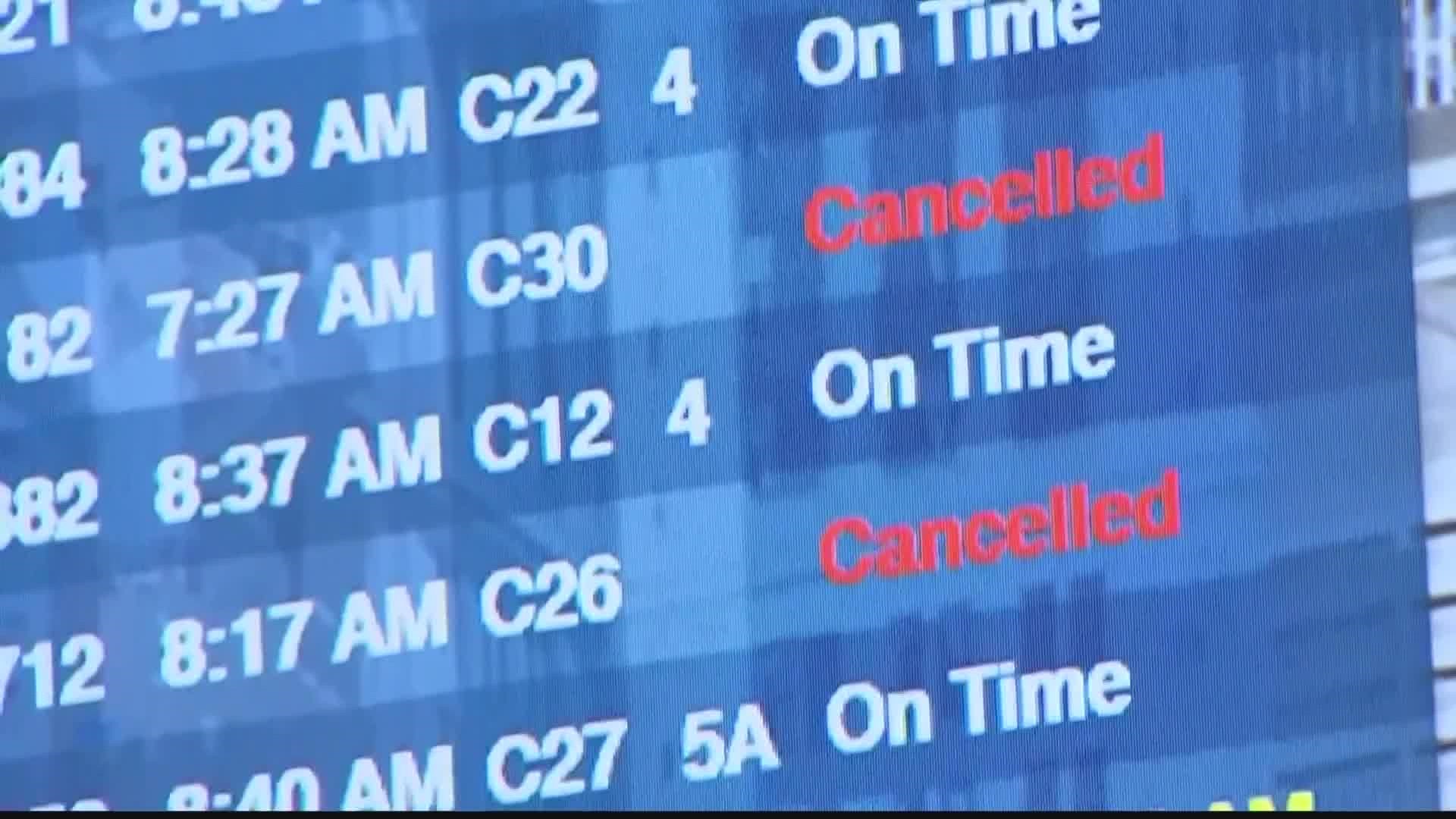 The issues continued on Sunday with dozens of flights canceled and hundreds of delays.
