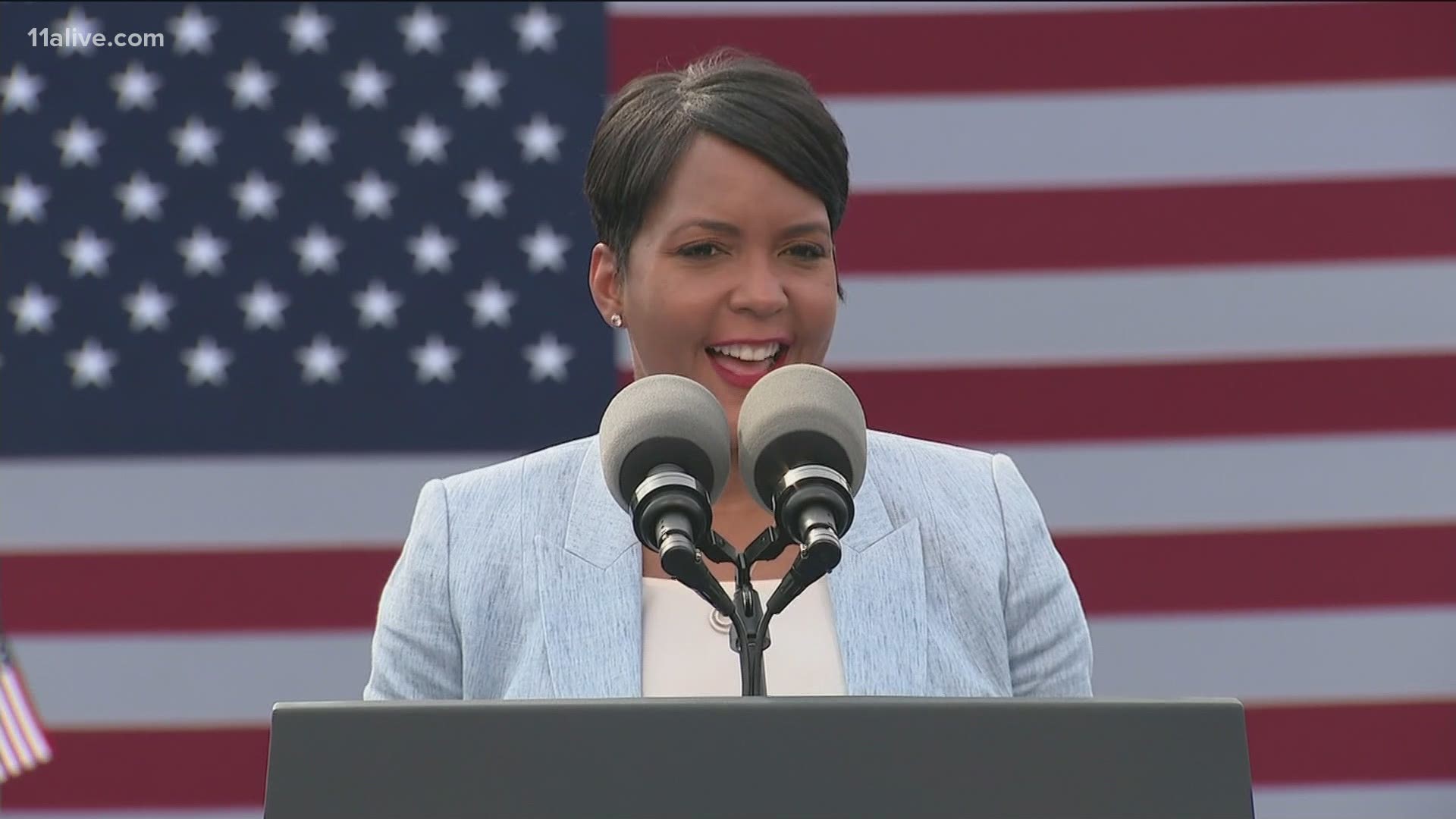 Mayor Keisha Lance Bottoms spoke before President Biden arrived Thursday evening at his Atlanta drive-in rally.