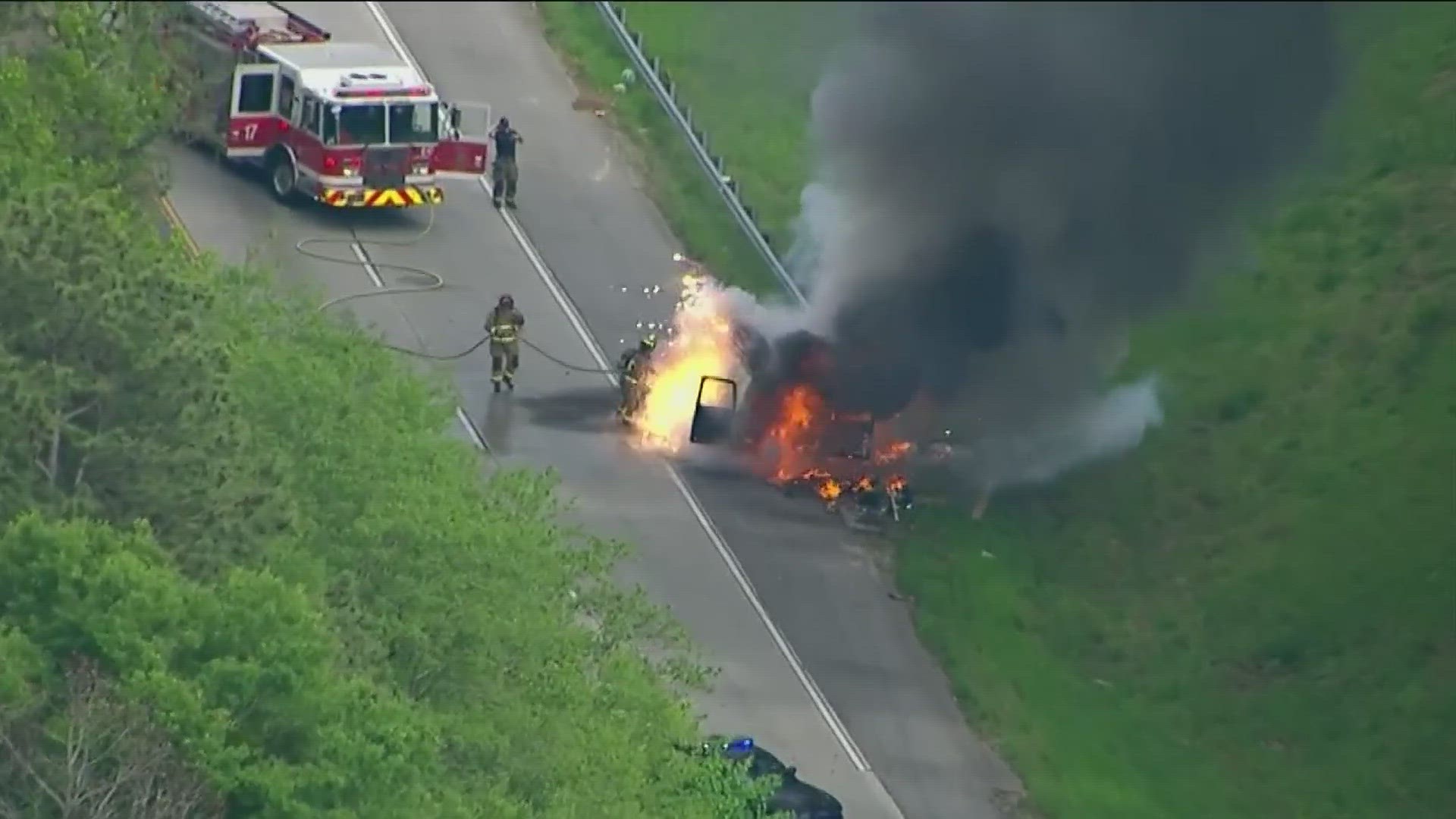 A car fire is shutting down the ramp from I-285 south to I-20 east in Fulton County. 11Alive SkyTracker flew over as fire officials worked to extinguish the flames.