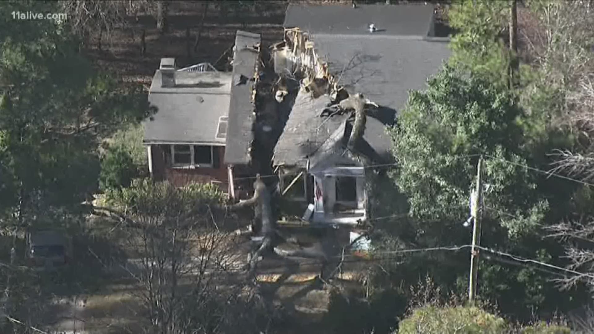 An elderly woman died Tuesday morning when a massive tree fell onto her home in northwest Atlanta, the city's fire department tweeted.