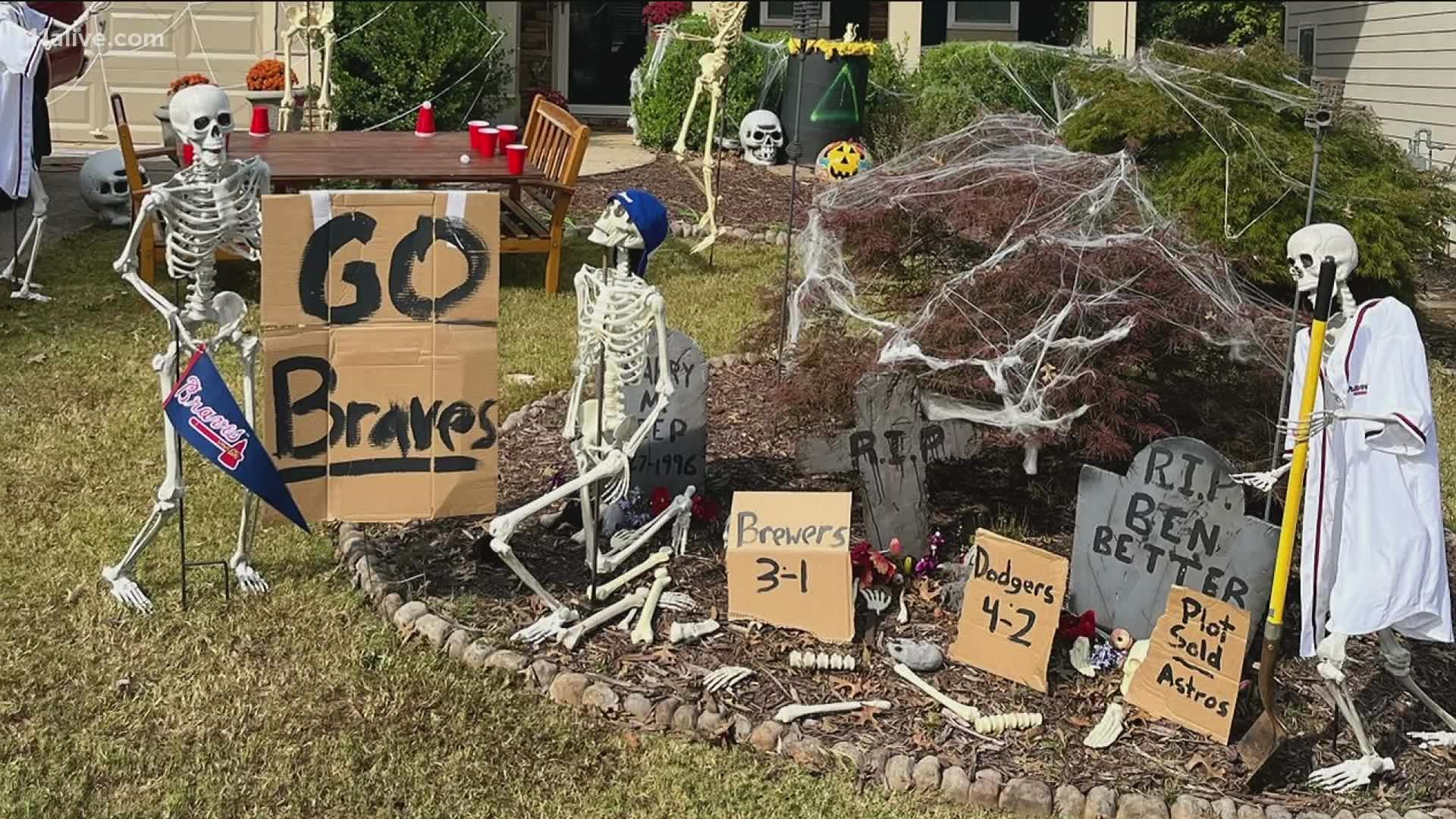 One Braves fan is using his home's Halloween decorations to cheer on Atlanta ahead of the World Series.