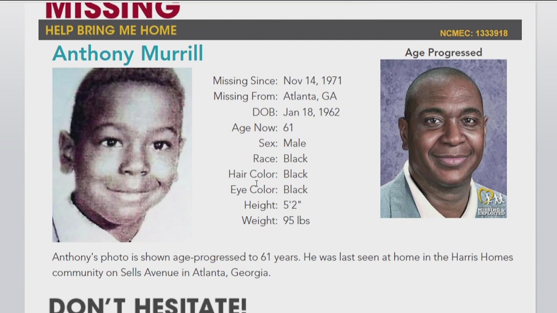 Anthony Murrill disappeared decades ago when he never returned home after playing outside.