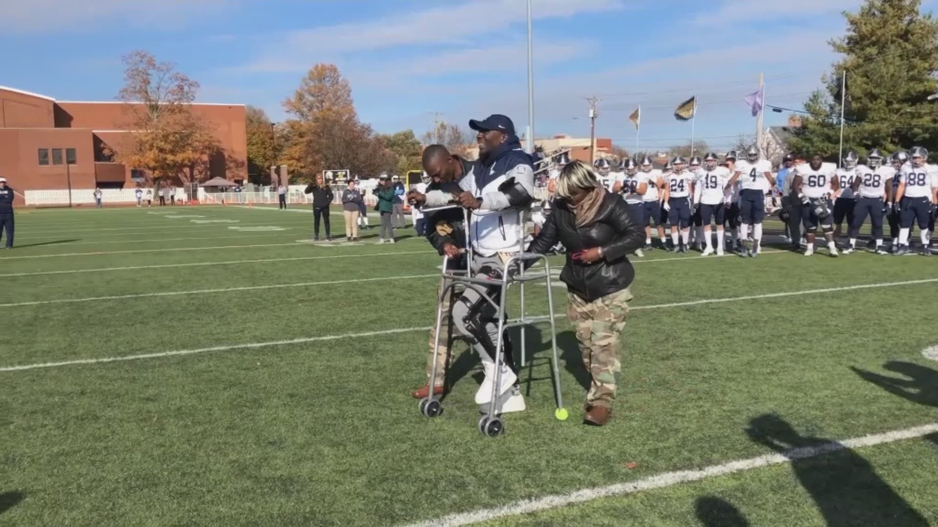 Justus Edwards, a defensive back from Berry College, who was told he likely wouldn't be able to walk again after an injury, walked onto the field on Sat., Nov. 9.