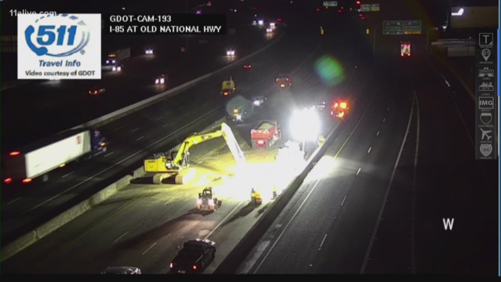 All lanes on I-285 westbound between Old National Hwy at exit 62 and Washington Road at exit 1 will be blocked as crew work to repair the sinkhole.