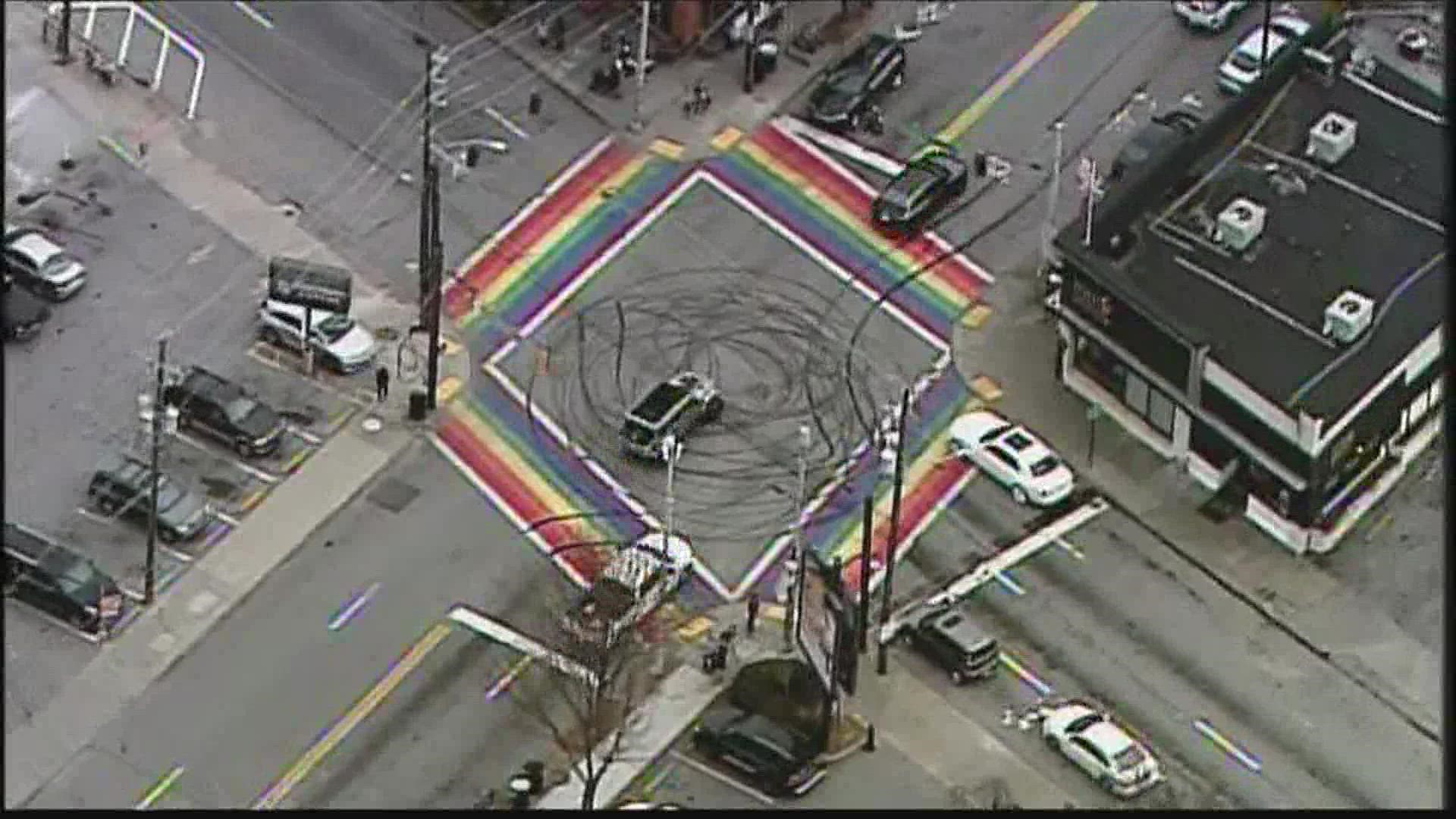 The Midtown landmark has tire marks all over the intersection, but the city says the gay community not targeted.