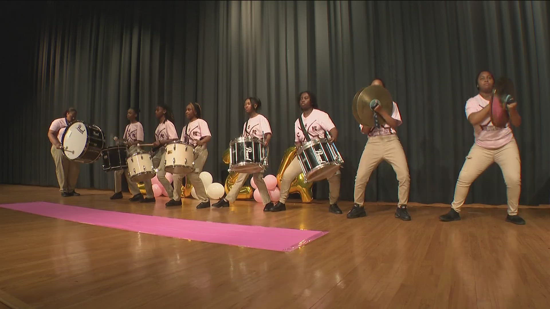 It's a first at the Coretta Scott King Young Women's Leadership Academy in Atlanta and taking the spotlight--an all-girls pink drumline who's learning the moves