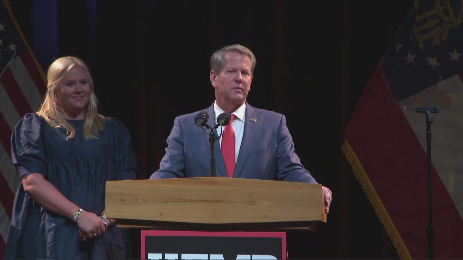 Republican Gov. Brian Kemp was reelected to a second term, defeating Democrat Stacey Abrams once again. He spoke to his supporters at the end of election night.