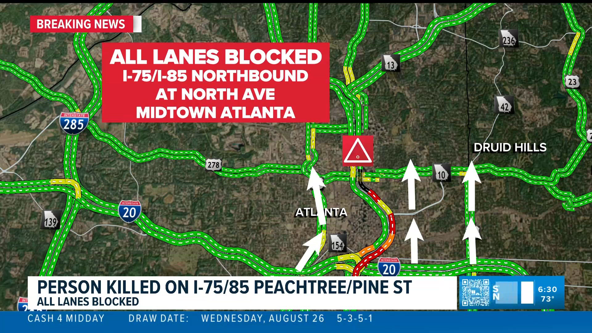 Traffic Alert: All lanes closed on I-75, I-85 northbound in Fulton County after deadly pedestrian incident