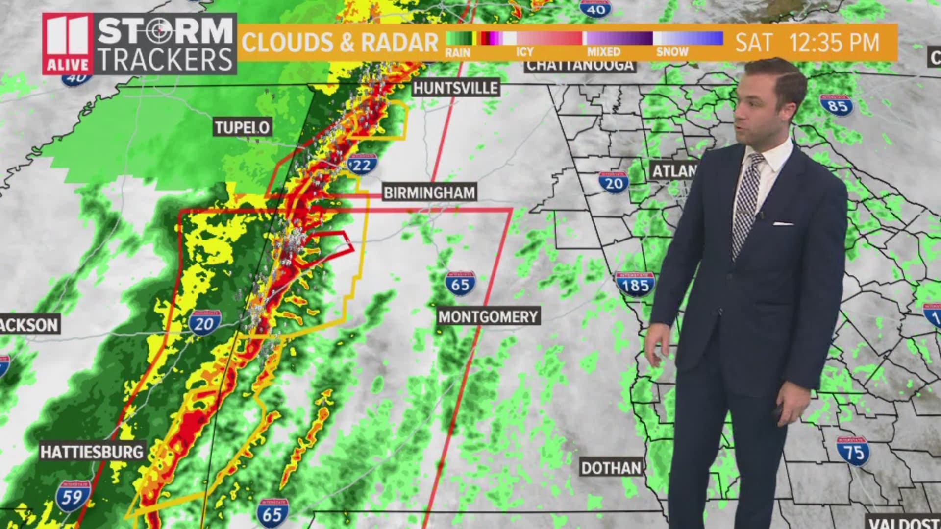 Severe storm warnings and tornado warnings have entered Alabama as the heavy weather continues to move toward Georgia.
