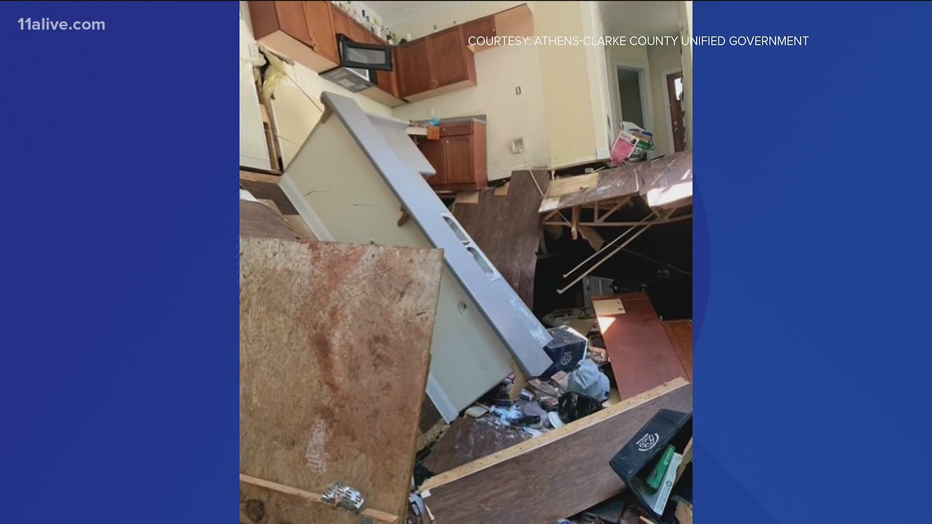 The kitchen floor gave way into a crawl space during a large house party.