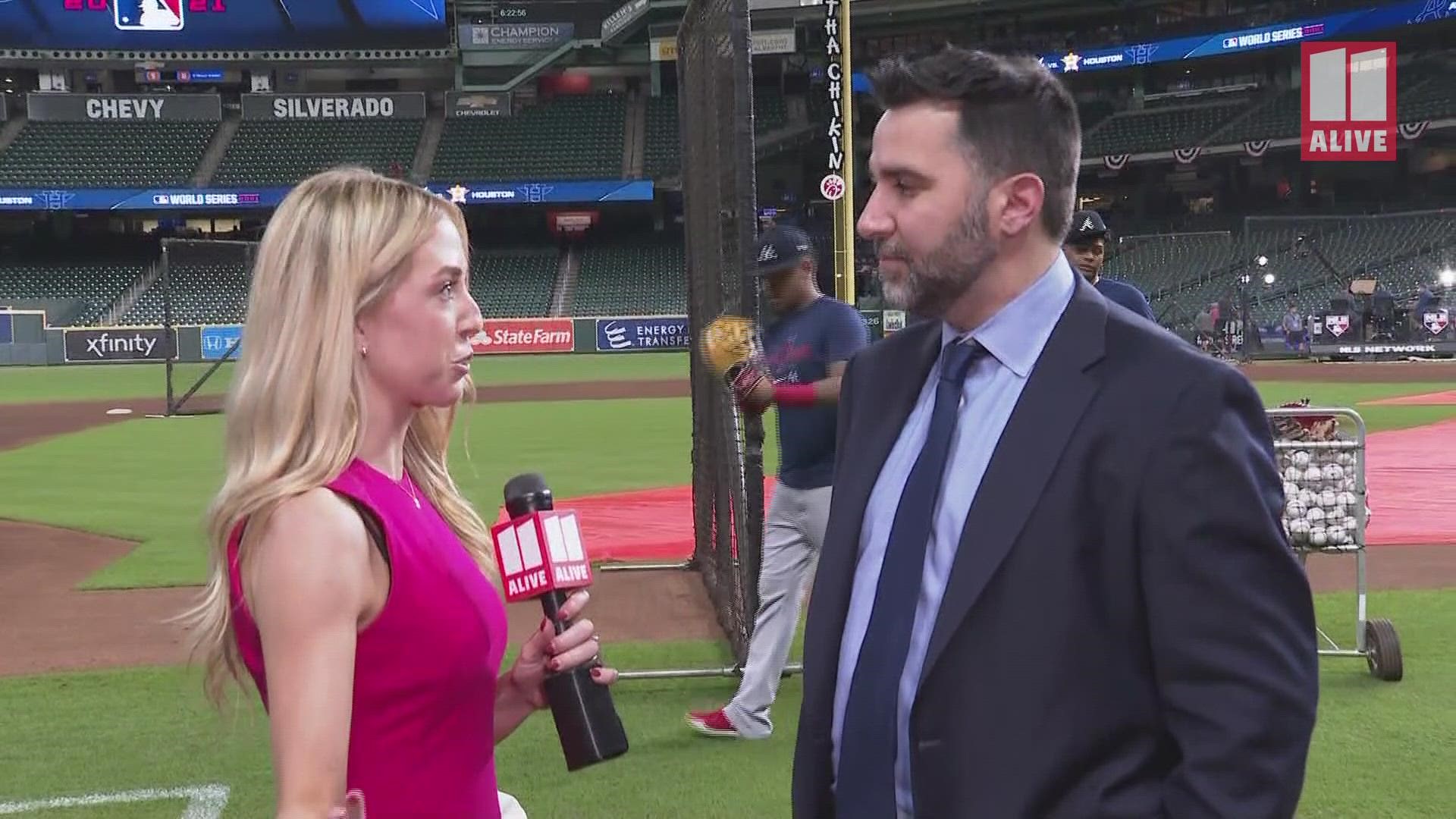 Maria Martin talks to Atlanta Braves General Manager and President of Baseball Operations Alex Anthopoulos ahead of the World Series in Houston.