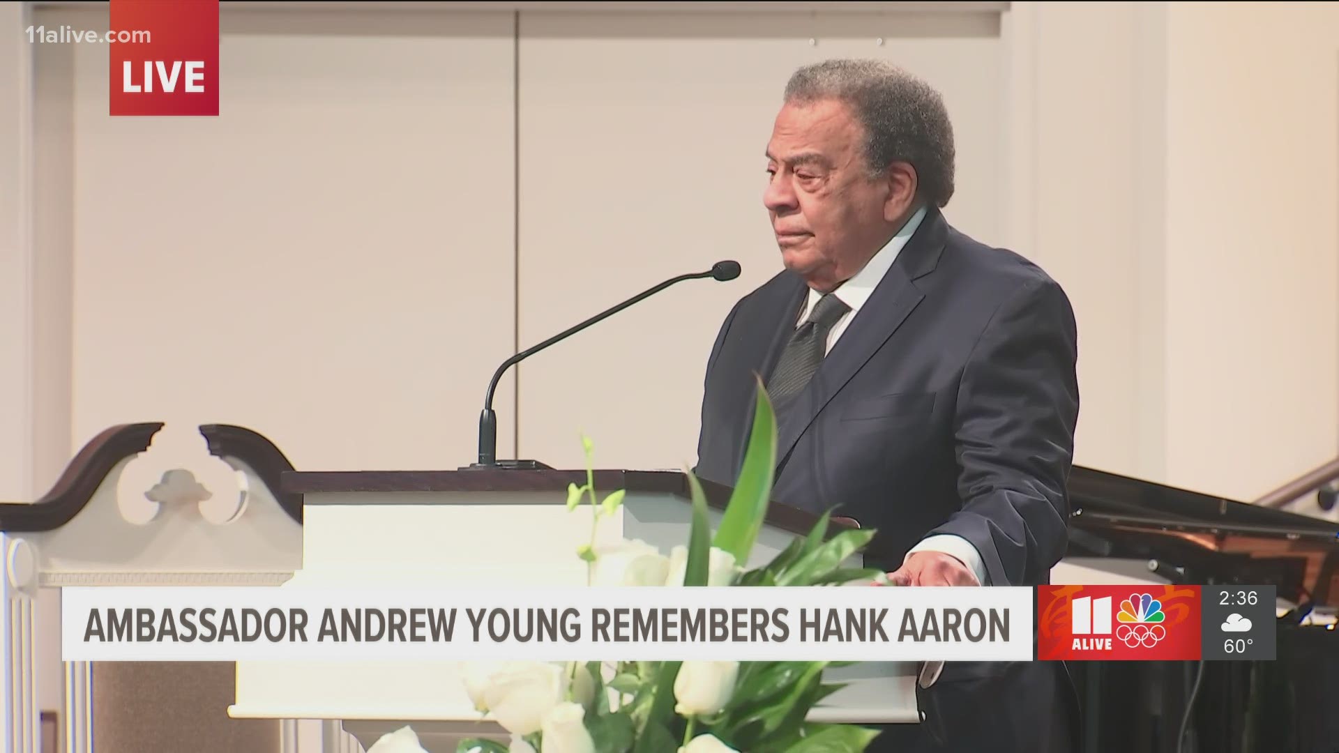 The Honorable Andrew Young, Former Ambassador to the United Nations, delivers remarks at the funeral of Henry Louis Aaron at Friendship Baptist Church in Atlanta.