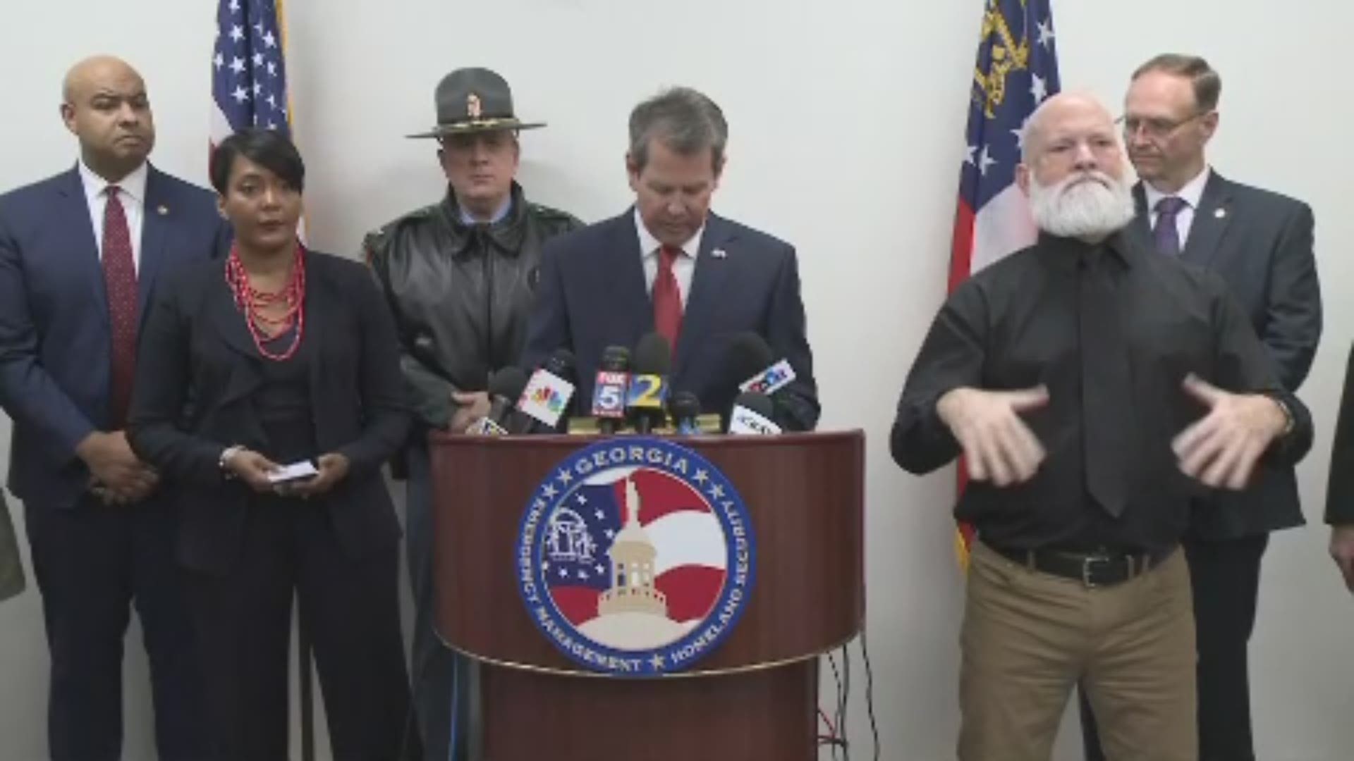 In a joint news conference Monday morning, Georgia Gov. Brian Kemp and Atlanta Mayor Keisha Lance Bottoms announced Tuesday closings of city offices as well as state offices in 35 counties directly affected by the pending winter weather.