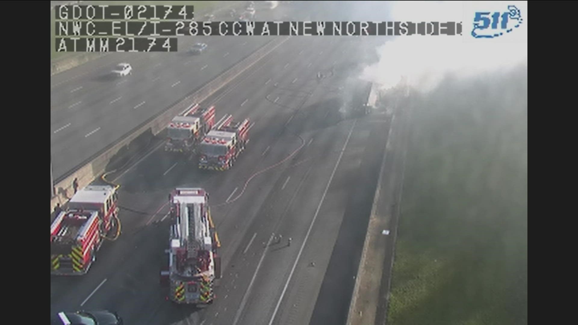 Here's a look at I-285 where crews needed to shut down traffic for what appears to be a semi-truck fire. This is near Northside Drive in Sandy Springs.