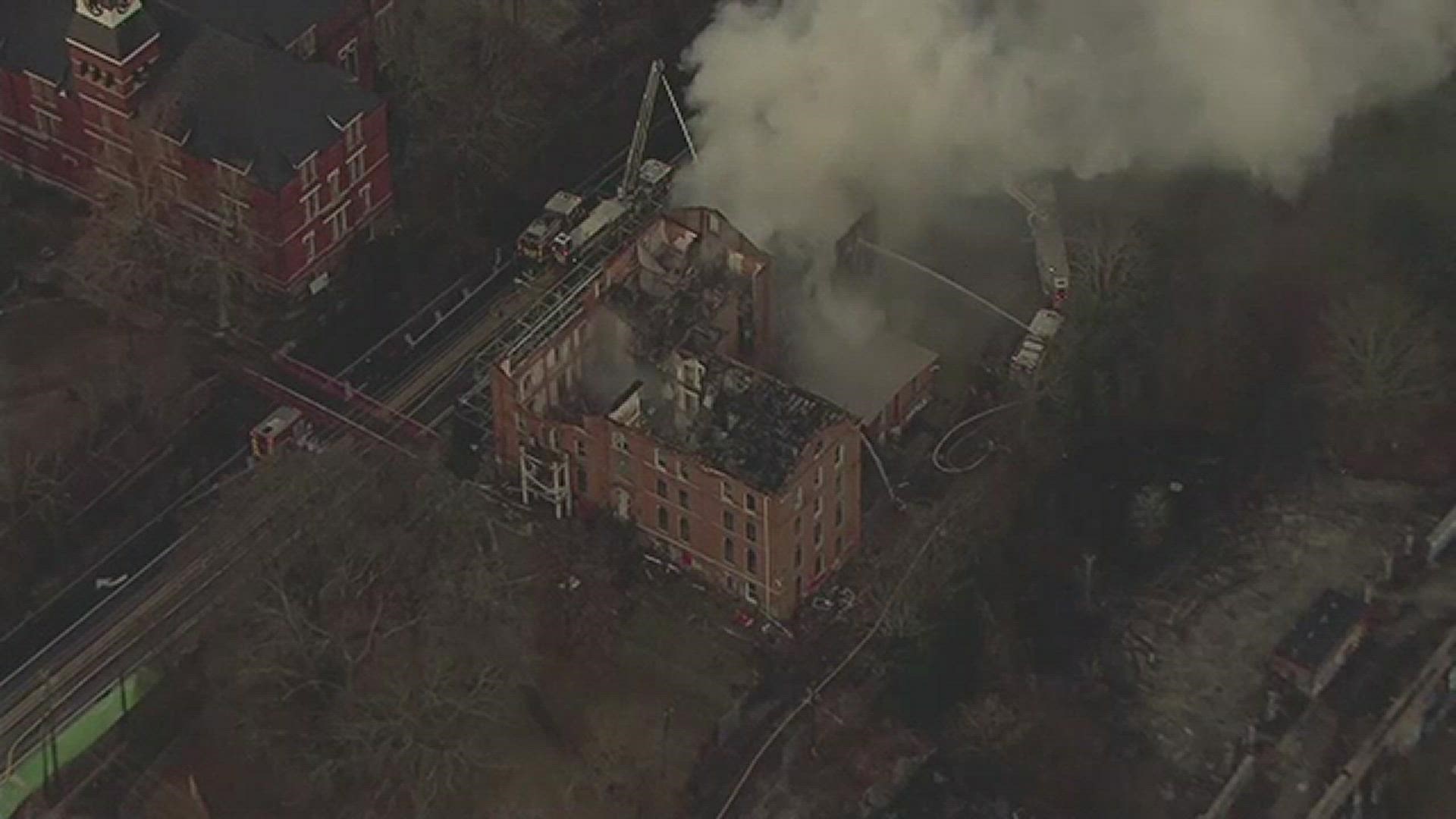 11Alive Skytracker flew over the scene where smoke could be seen billowing near historic Gaines Hall.