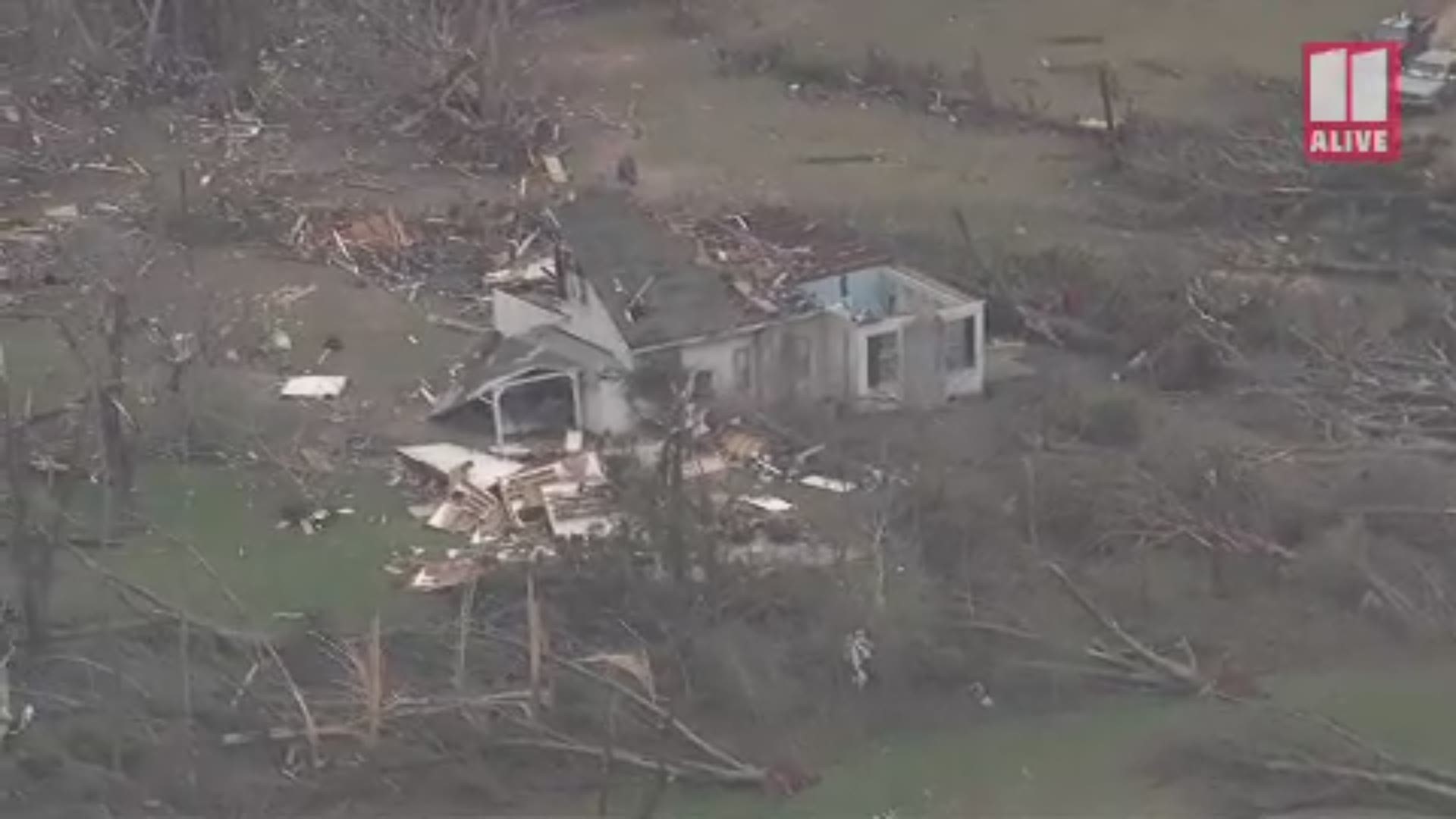 Aerial video from Talbotton, Georgia shows the destruction left over after strong storms on March 3, 2018.