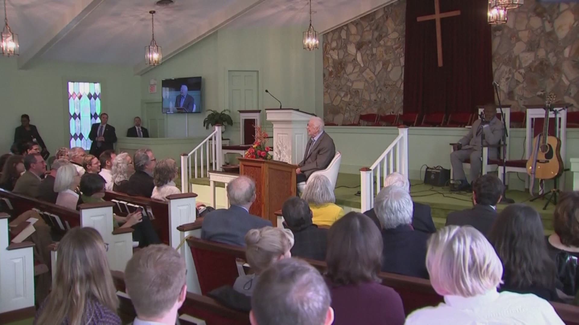 After suffering two bad falls in his home in Georgia, President Carter is back to teaching Sunday school. During the last fall he fractured his pelvis.
