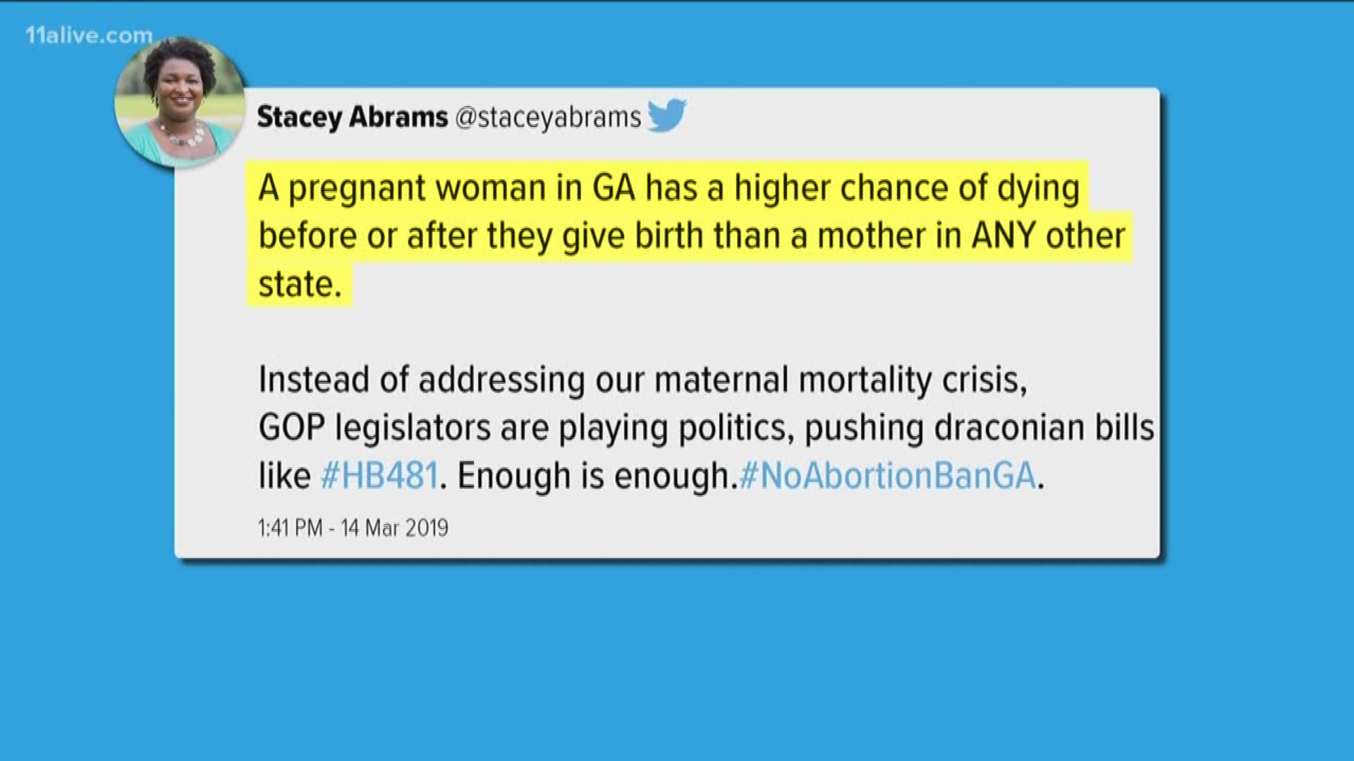 The former candidate for governor tweeted that a pregnant woman in Georgia has a higher mortality rate than any other state. 11Alive's Hope Ford verified that claim.