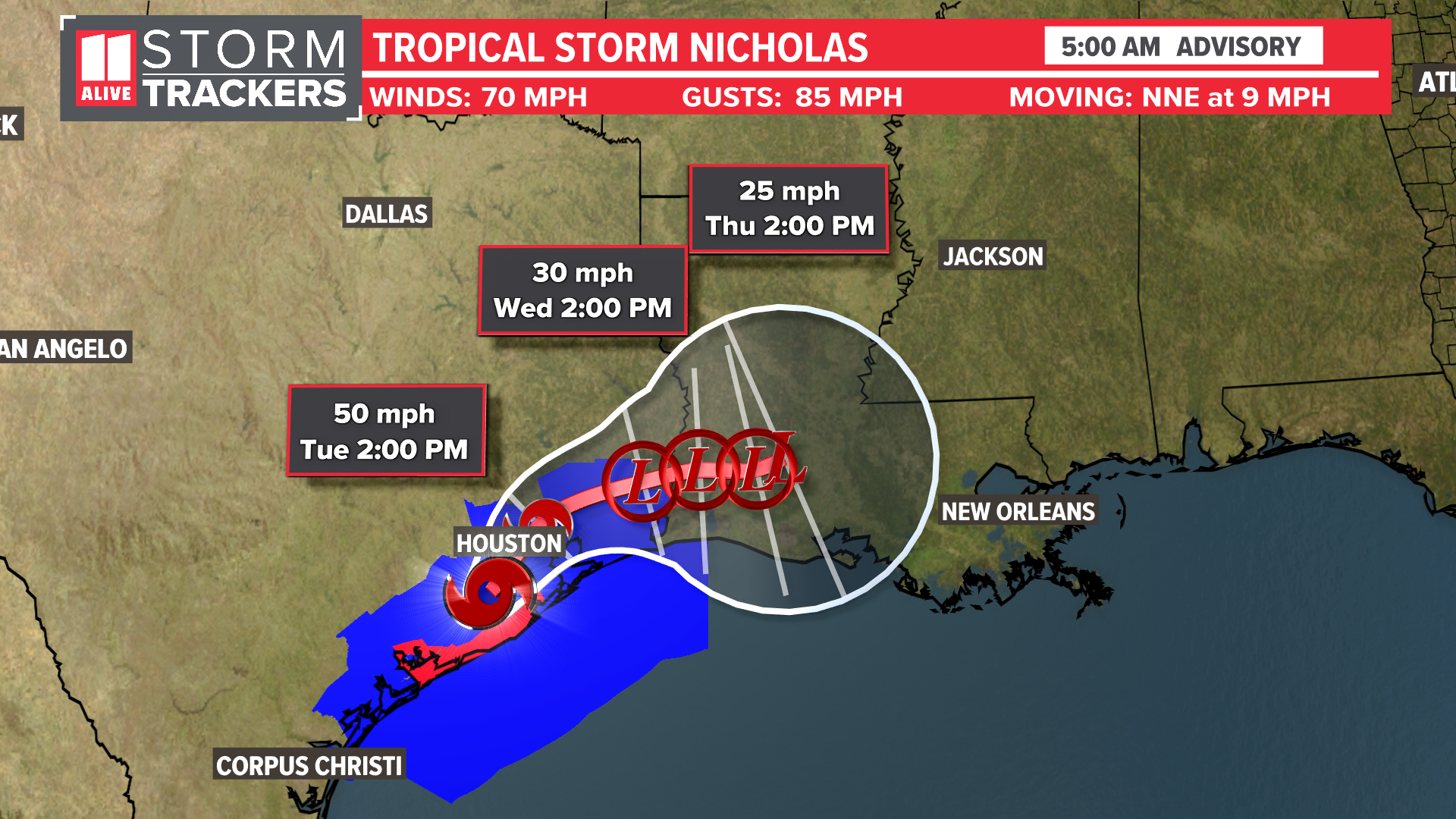 Nicholas still has winds of 70 miles per hour with gusts to 85 miles per hour. Inland flooding becomes the main concern as the storm moves slowly along  the I-10