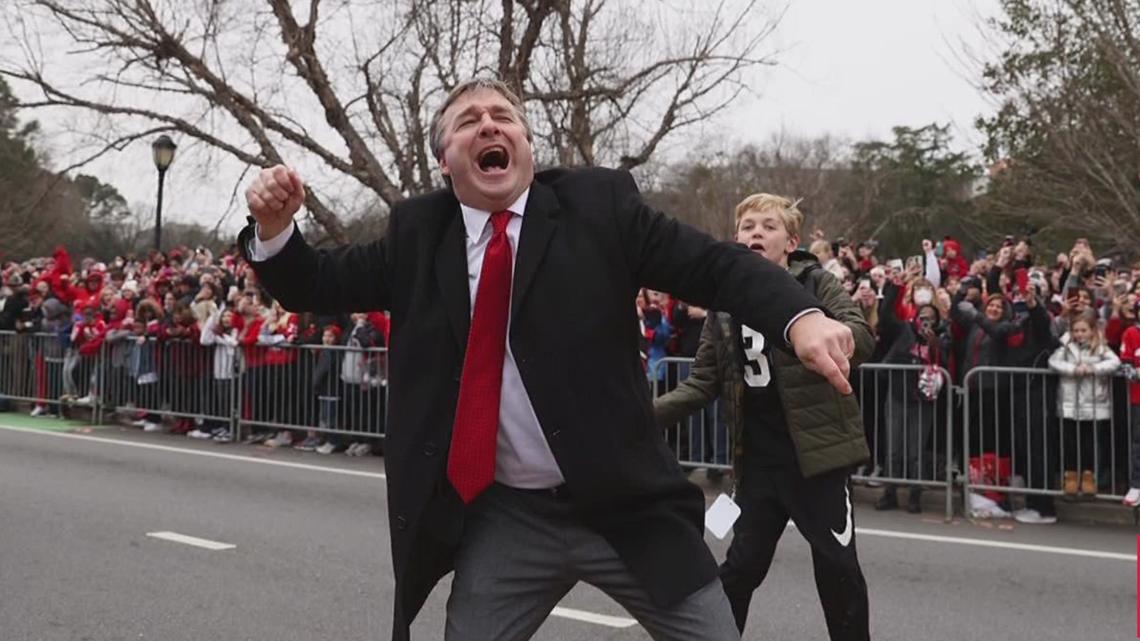 Kirby Smart is fired up during Georgia football national championship parade