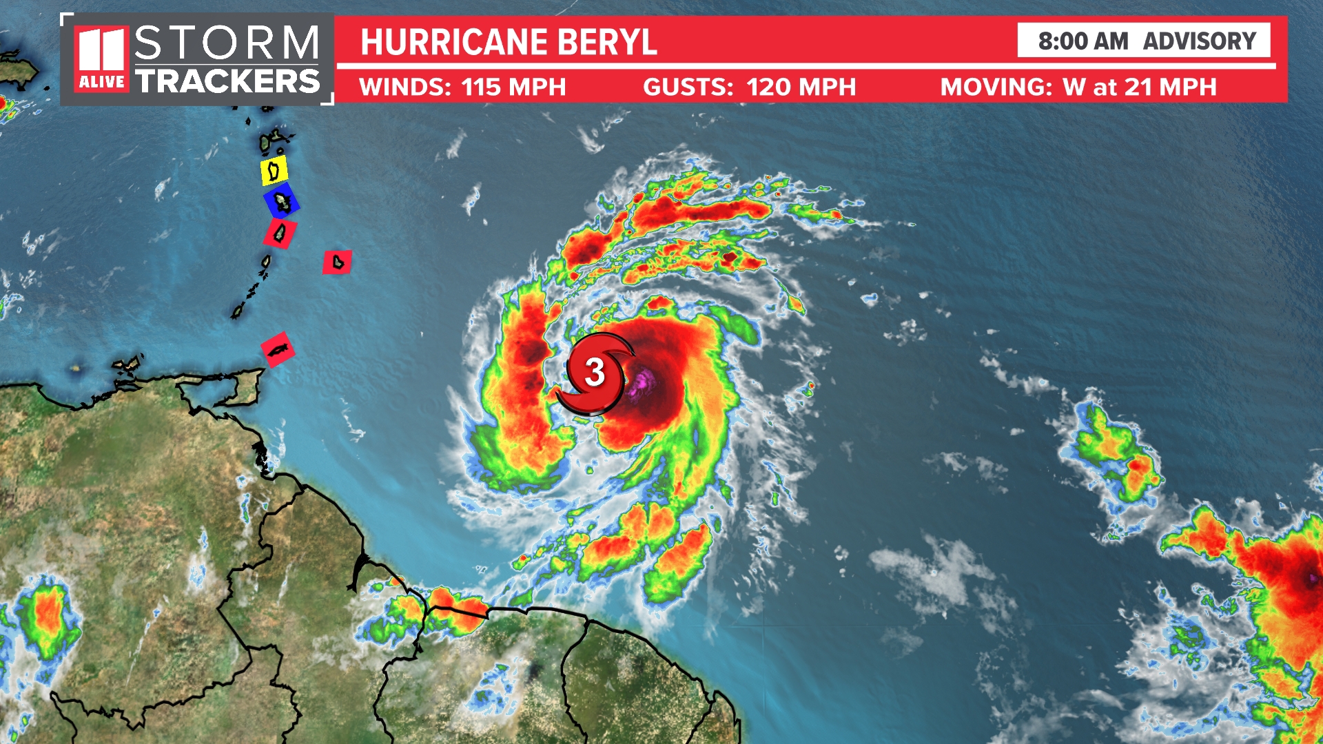 Beryl is now a category 3 hurricane.