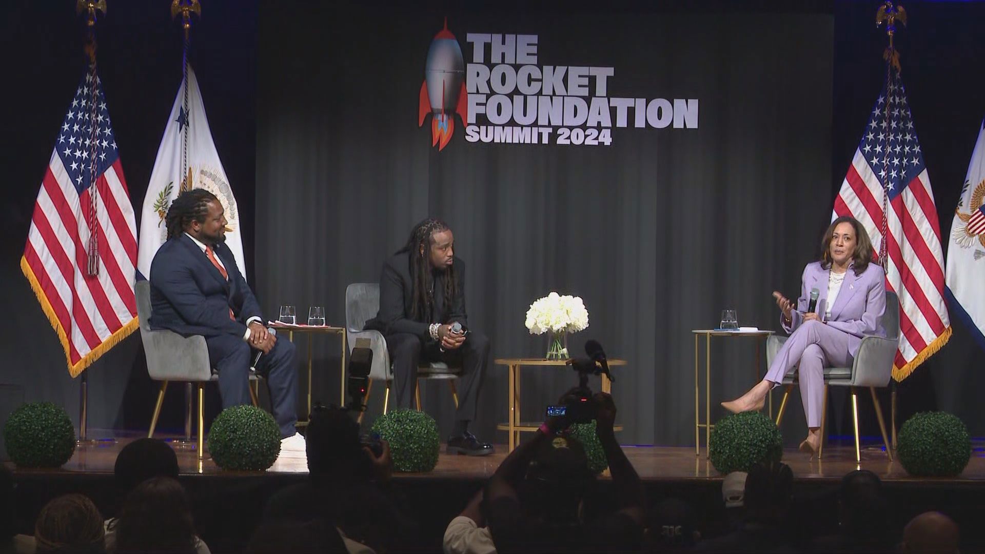 Quavo and VP Kamala Harris spoke on gun prevention violence at the Rocket Foundation Summit, moderated by Greg Jackson of the Office for Gun Violence Prevention.