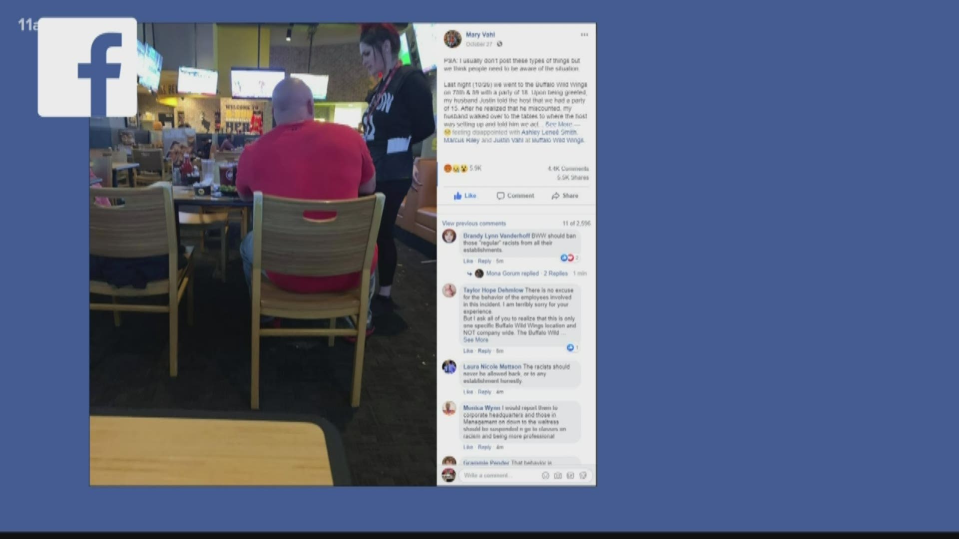 The alleged incident happened at a Buffalo Wild Wings in Naperville, Illinois. The woman's Facebook post has gone viral.