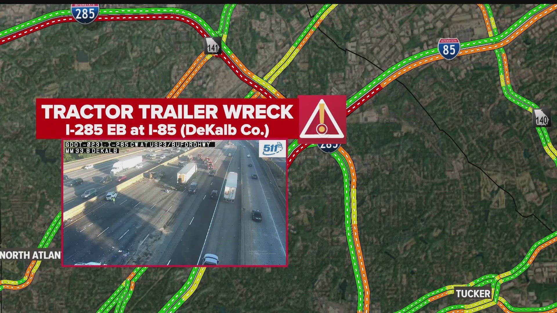 All lanes are blocked on I-285 east before I-85 due to an overturned tractor-trailer crash in Doraville Wednesday afternoon.