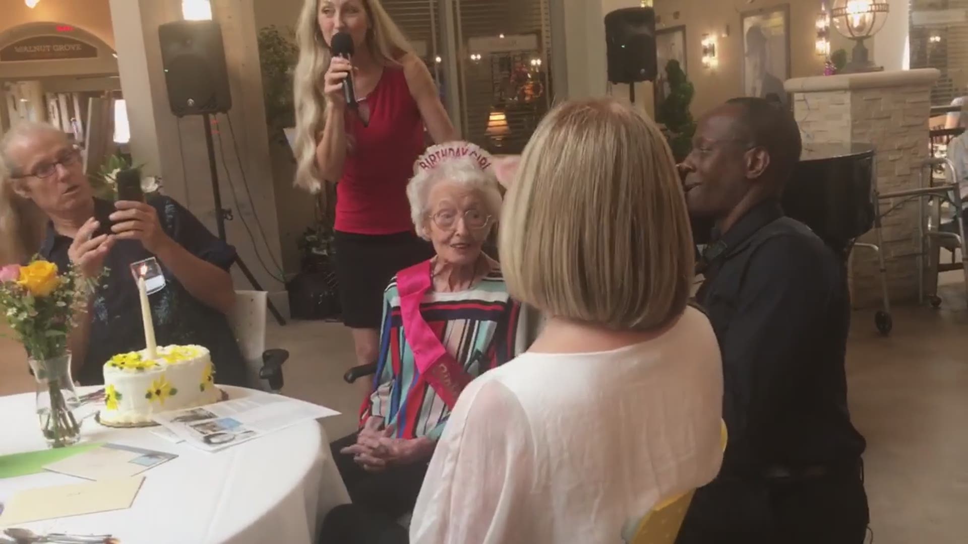 Sybil Peacock Harmon, who was a member of Delta Air Lines' first class of flight attendants, turned 103 on July 9.(Video courtesy Celebration Village Acworth)
