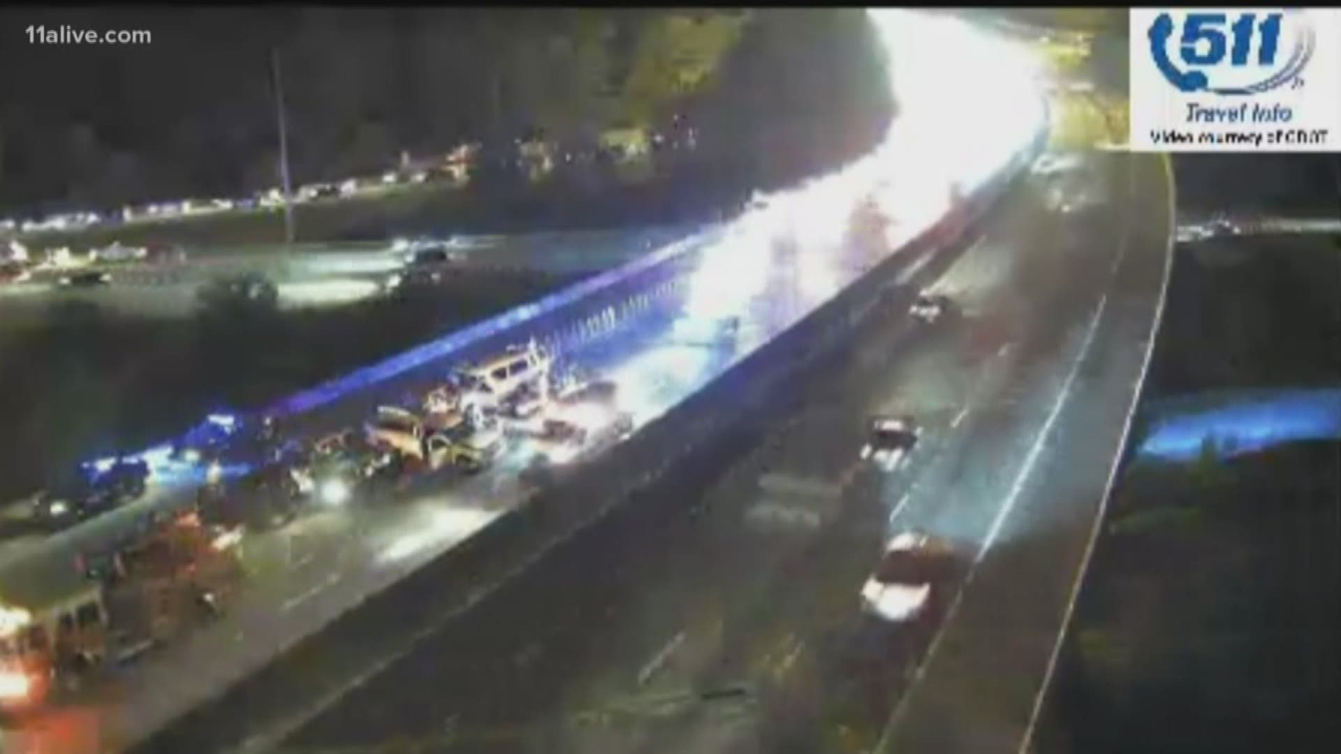 Authorities say roughly 20 people have been hospitalized, some with serious injuries, after a large multi-vehicle crash on I-20 near I-285 late Saturday night.