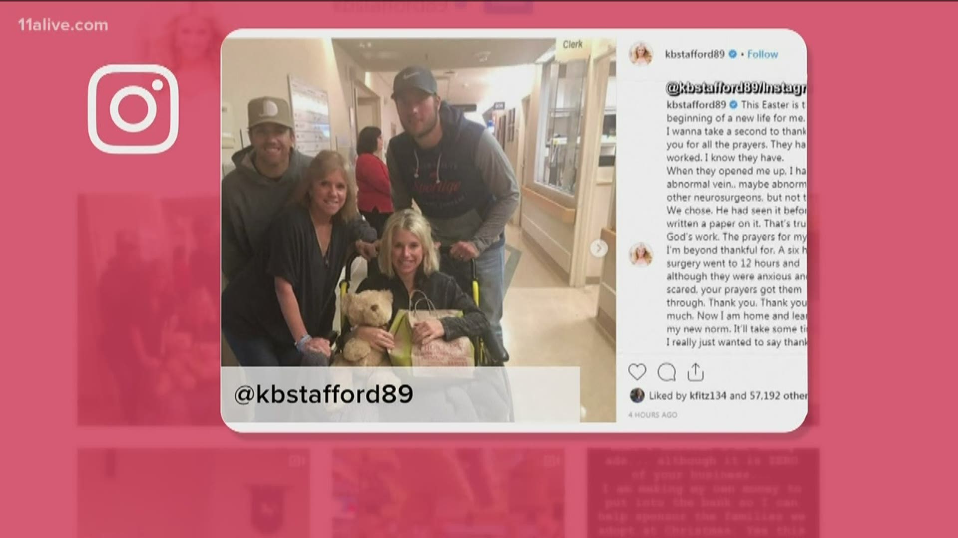 On April 3, Kelly Stafford – a former UGA cheerleader – revealed she required an operation to combat the effects of "acoustic neuroma."