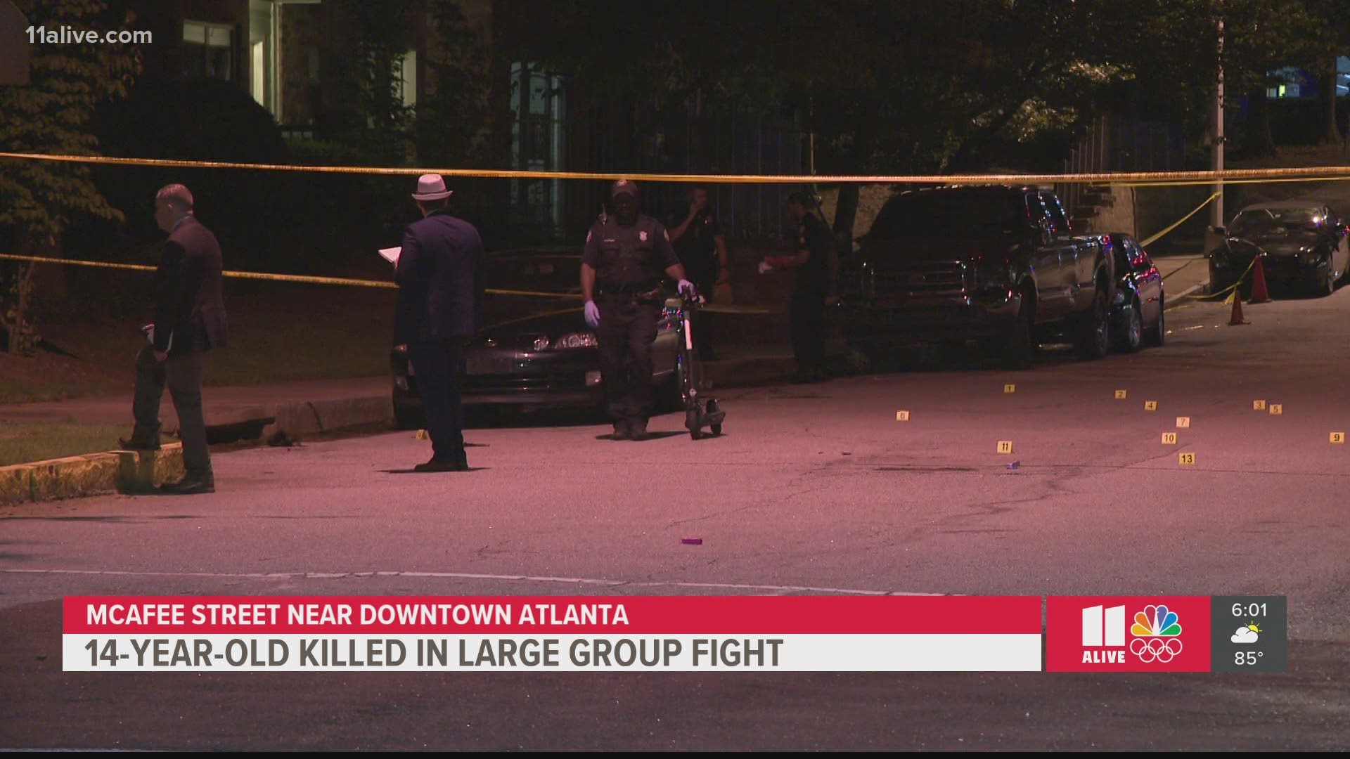 A 14-year-old was killed Saturday night in Downtown Atlanta when gunfire broke out at a brawl involving more than a dozen youths, police said.