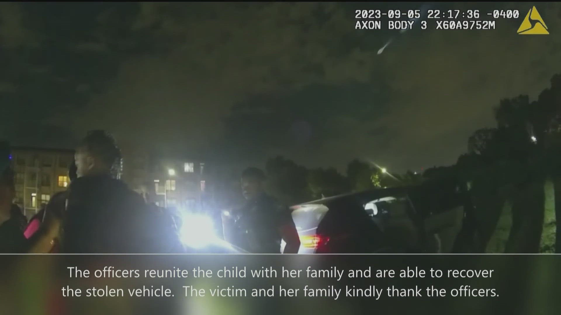 Bodycam video shows the moment a mother was reunited with her young child after police said her car was carjacked with her child inside.
