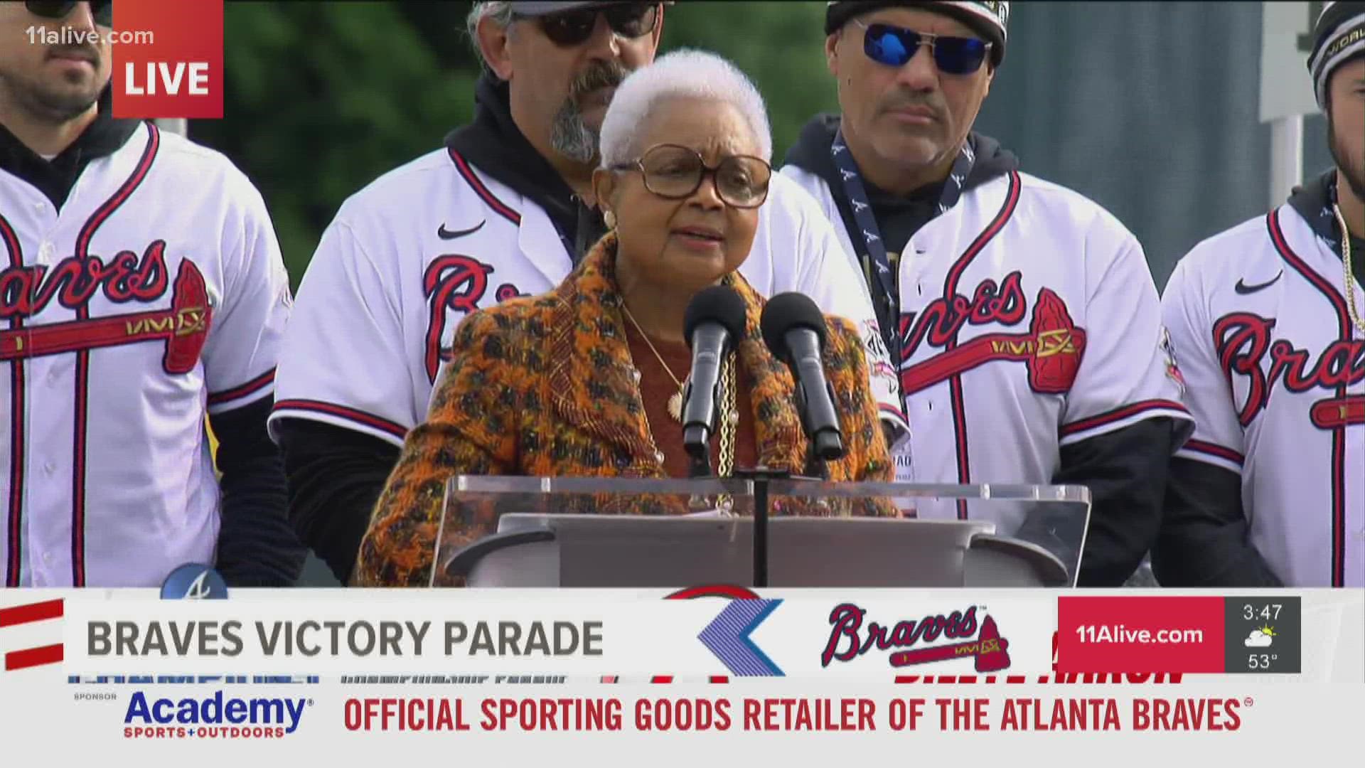 She thanked the crowd for the support they've given the Atlanta Braves over the years.