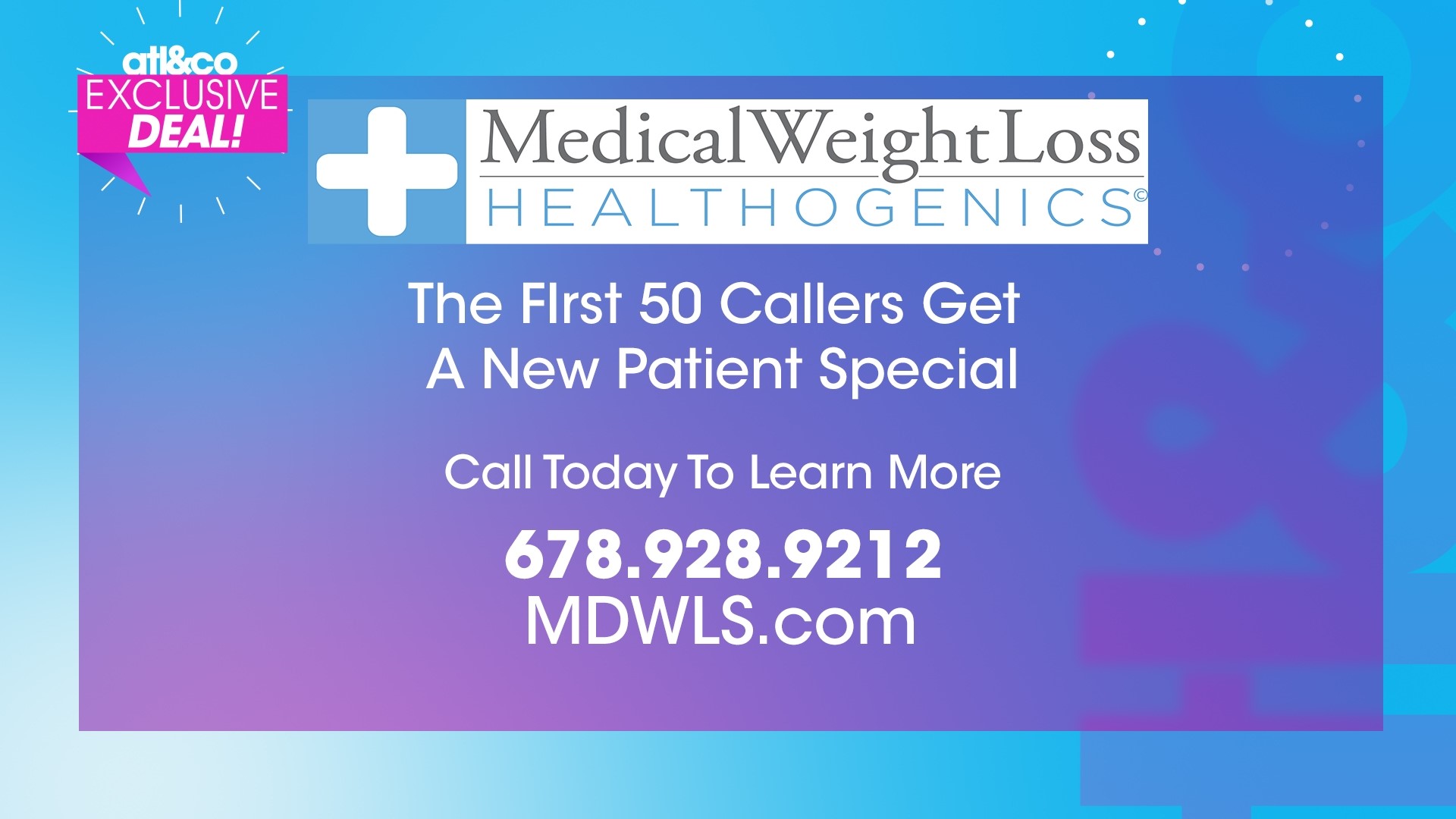 Right now the first 50 callers get a new patient special! Call today 678.928.9212 or head to MDWLS.com