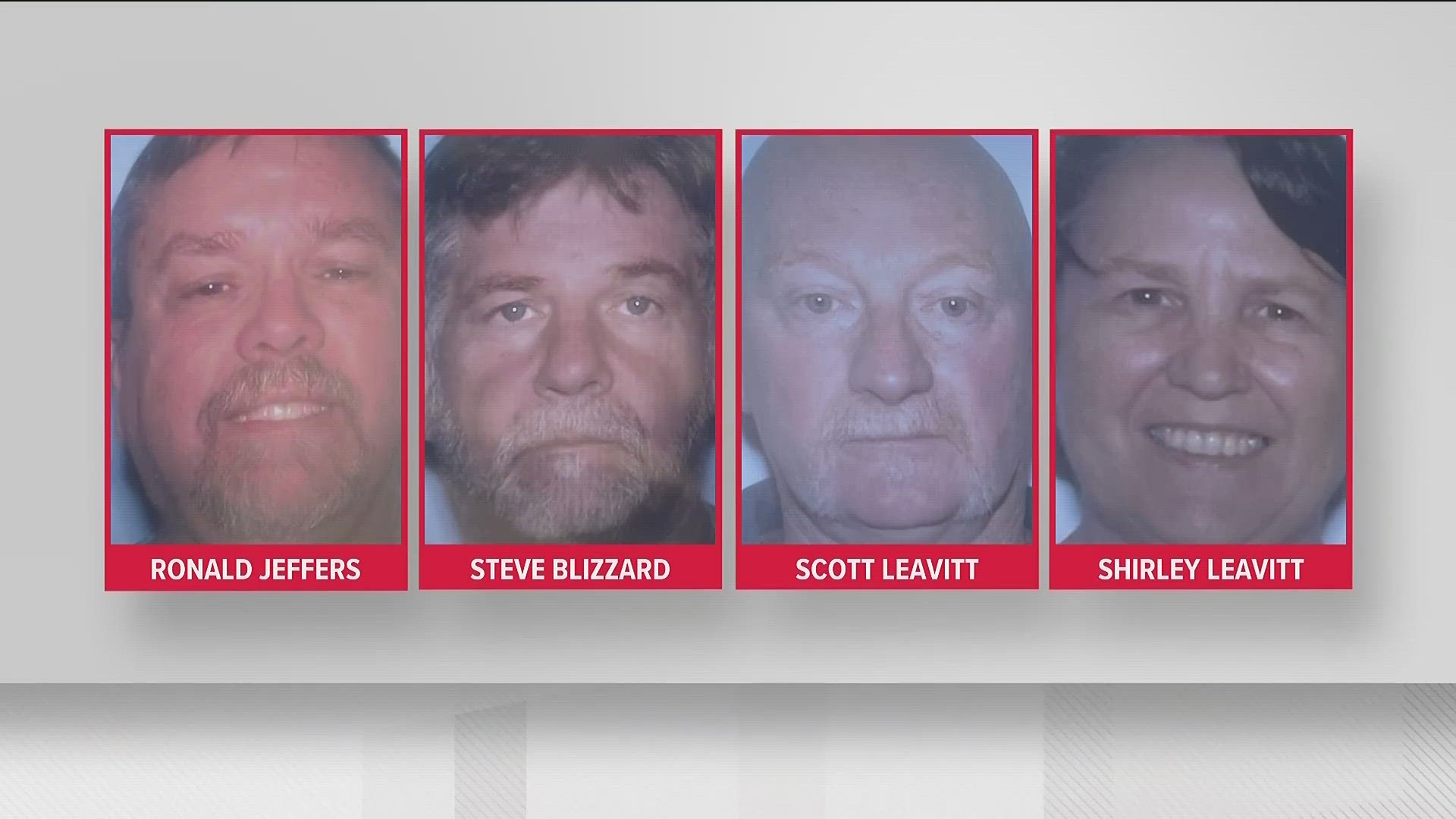 The four victims were identified over the weekend as Shirley Leavitt, her husband Scott Leavitt, Steve Blizzard and Ron Jeffers.