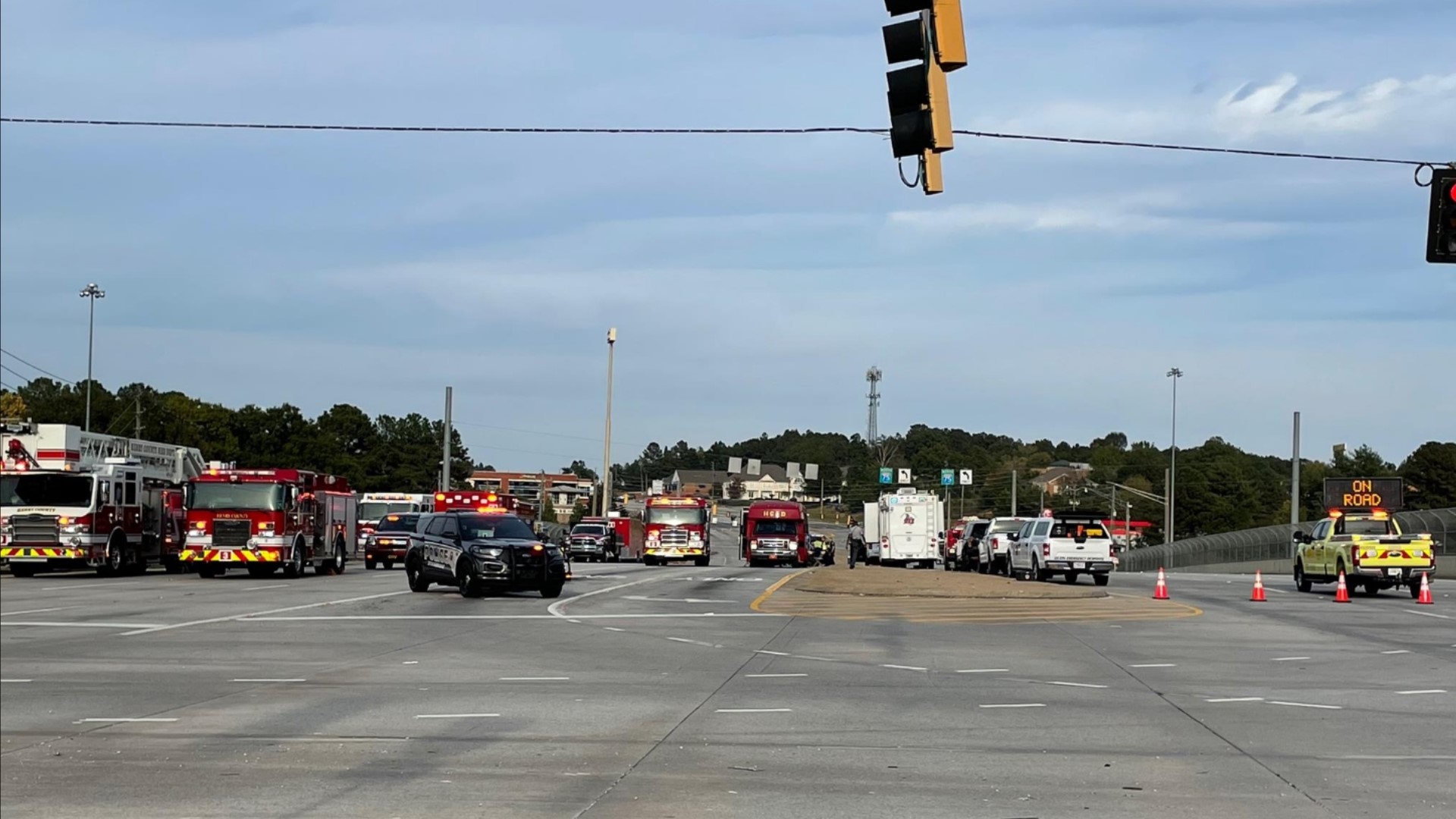 Overturned tractor trailer at Eagles Landing Parkway, I75