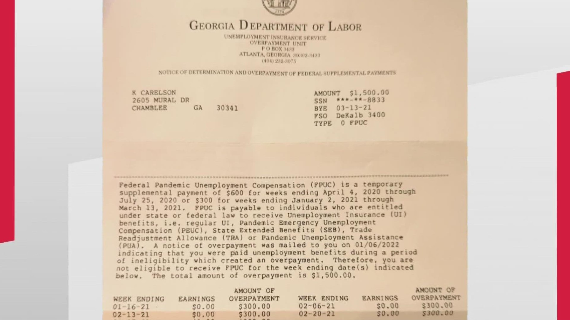 The Georgia Department of Labor blamed the employer for a mishap, resulting in overpayment of thousands in unemployment benefits.